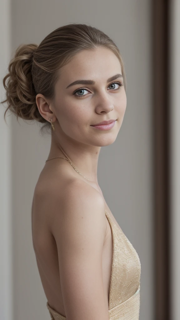 midbody photo of young caucasian blonde queen, with almond-shaped brown eyes, small and skinny, wearing a white and gold silk evening dress, perfect hands, perfect body, perfect hair, hair behind ear, UHD, retina, masterpiece, accurate, anatomically correct, textured skin, super detail, high details, high quality, award winning, best quality, highres, 16k, 8k,