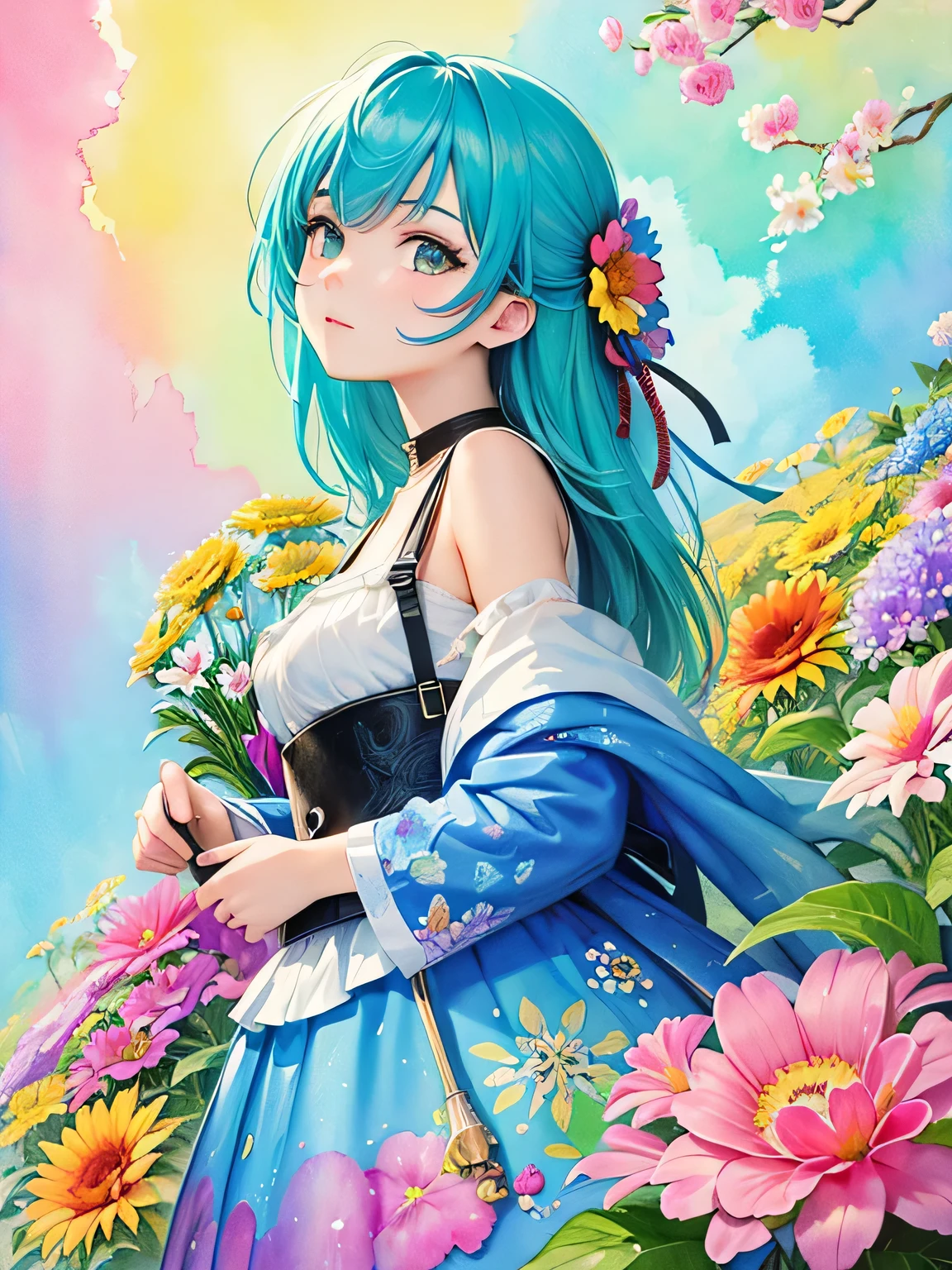 Masayo style、(((Landmine fashion))), 8K Quality、Intense watercolor, Detailed watercolor art, Watercolor splash, Surreal, avant-garde pop art, Beautiful and expressive paintings, Beautiful artwork illustration, Very colorful tones, wonderful, Cool beauty, highest quality、Official Art, Vector art, Stylish design, (((The most beautiful girl))), (((highest quality))), HDR, ((detailed)), (((Doodle Art)), ((masterpiece)), ((Super detailed)), (((Colorful flowers))),(((Stylish))),