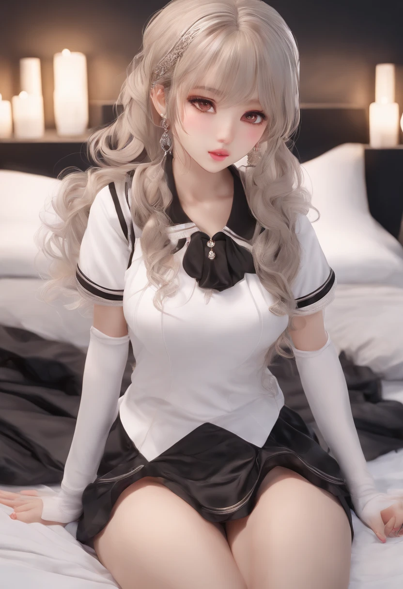 masterpiece, top quality, Super Face Detail, 8K, Girl with brown eyes, white stocking sitting on the bed, white short skirt, black tee top, hair is also black, hands holding the bed, the face and body are well detailed
