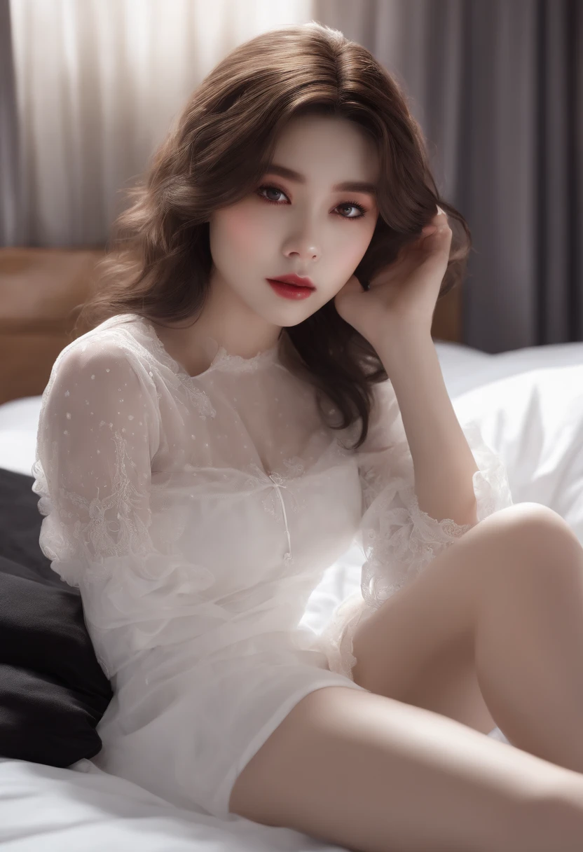 masterpiece, top quality, Super Face Detail, 8K, Girl with brown eyes, white stocking sitting on the bed, white short skirt, black tee top, hair is also black, hands holding the bed, the face and body are well detailed
