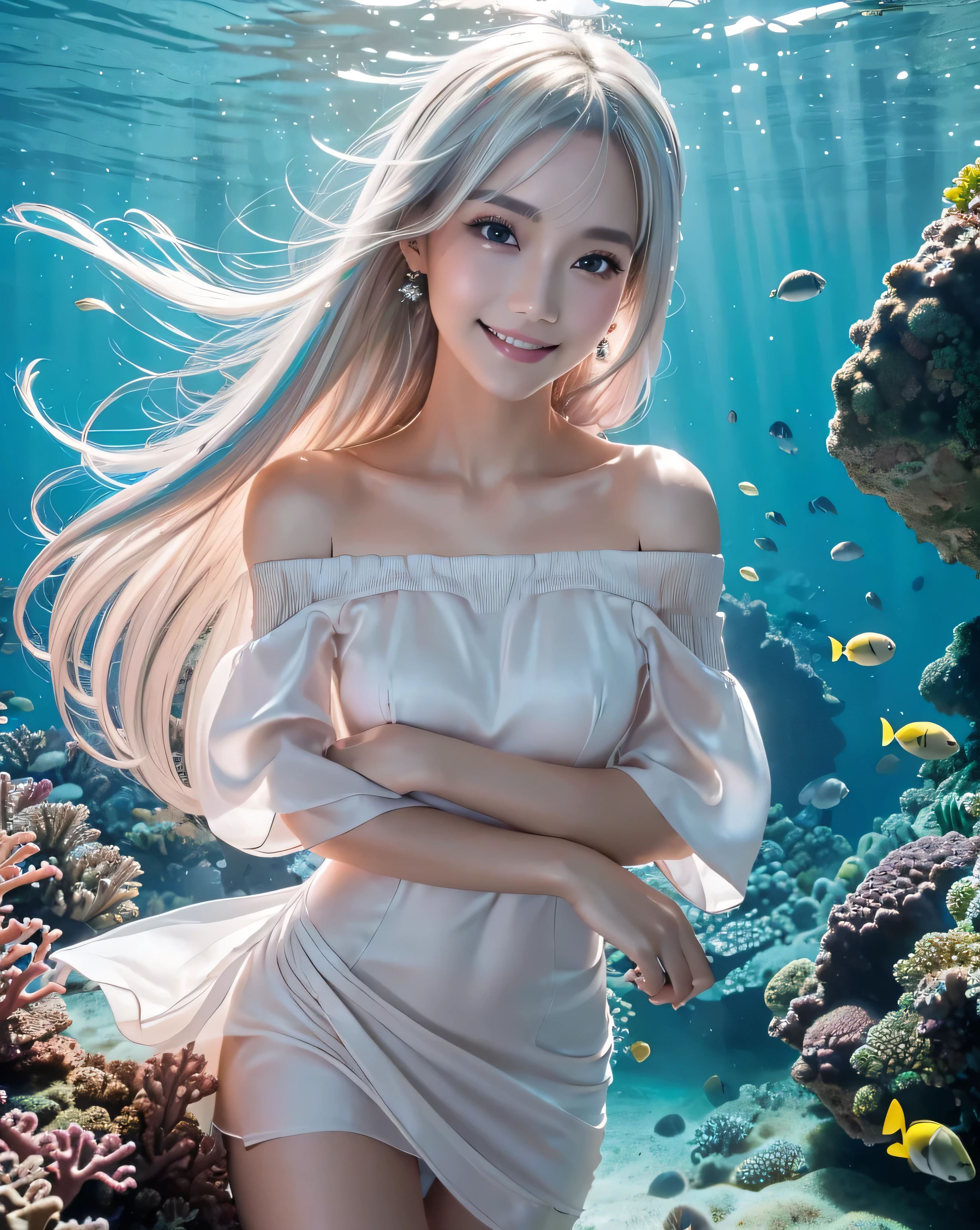(highest quality,32k,High resolution,masterpiece:1.5), internal_jet, Fantasy, Blue-green color palette, ((Swim with the fish in a spectacular underwater world)), (Beautiful Japanese Woman:1.1), Very beautiful face, ((Shiny platinum hair:1.3)), ((Beautifully messy super long straight silk hair)), Asymmetrical bangs, Hair between the eyes, Magic big eye, Beautiful thin eyebrows, Natural Makeup, Cheek Highlighter, Pale pink lips, Rich emotional expression, Motherhood and generosity, A fleeting smile, ((White off-the-shoulder dress:1.4)), (The water sparkles、Full of vibrant colors.), Discover the fascinating beauty of the sea, Surrounded by coral reefs, A school of rare fish, swaying seaweed. Sunlight reflected on the water, Professional Lighting, Professional Photographer, Professional Model, Mysterious
