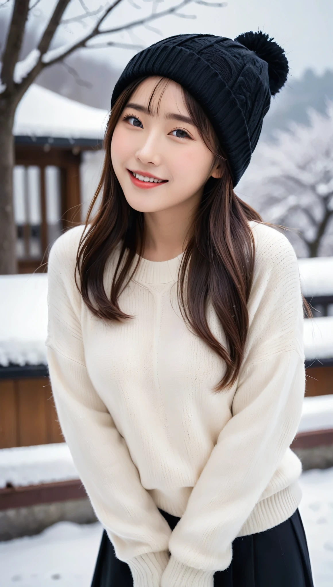 highest quality、masterpiece、Ultra-high resolution、live-action、4k、Beautiful Japanese Women、20 years old、Oversized white sweater、boots、black knit cap、Woolen gloves、A happy look、Brown Hair、Snow Scene、Playing in the snow