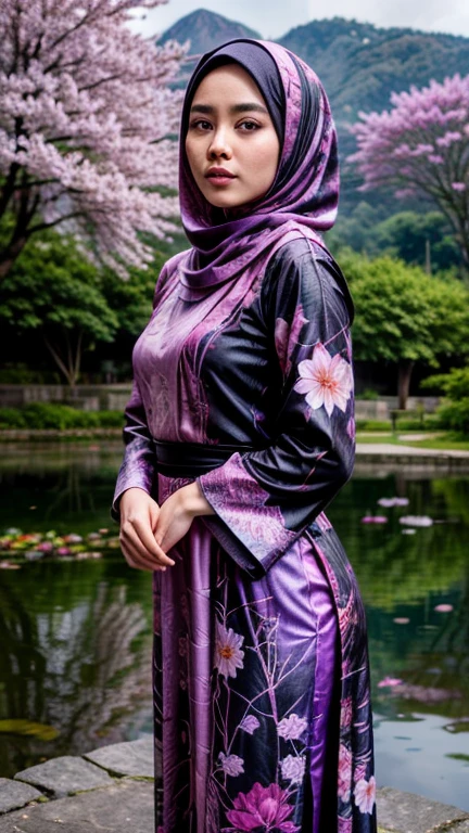 a gorgeous indonesian hijab girl in a misty mountains, lotus pond, cherry blossoms, a fuchsia colour scarf, ((and a black gamis dress with abstract printed of pink and purple flowers)), chubby, necklace, bracelet, dynamic pose, detailed detail, real skin texture, best quality, ultra sharp,