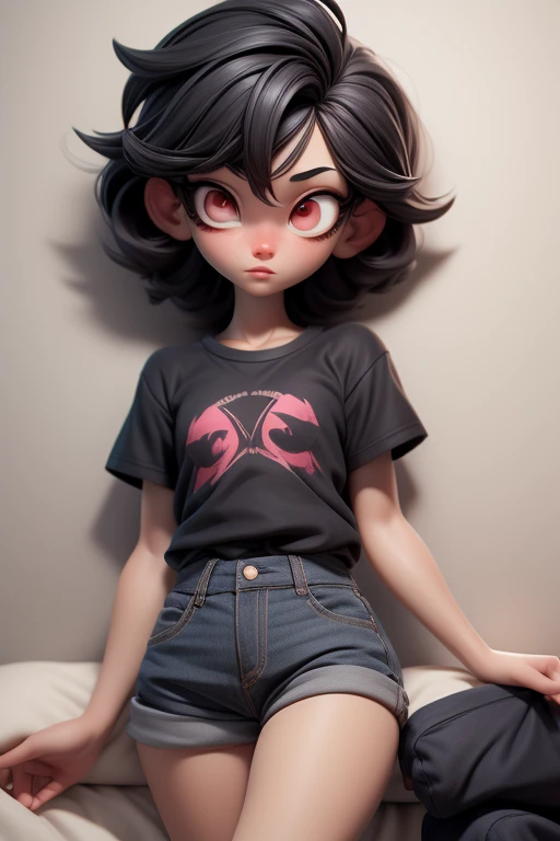 Huff, 3D face pattern, tomBoy with long short, Dyed short hair,long eyelasher,black t-shirts,(黑The eye) ,,, black hair color hair, tiny legs, small hips, skinny black jeans , bedroom, guitars hanging on the walls, pale white skin, red eyes, shy, lying, on back, on bed, leg raised, romantic ambiance,