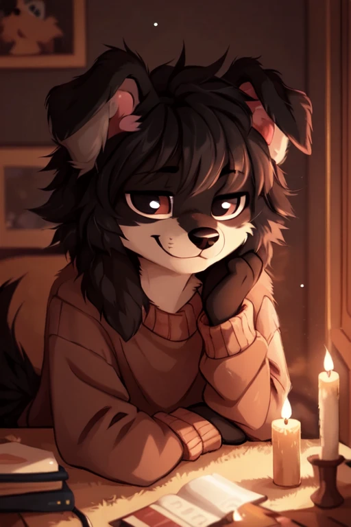 ((by reysi)), Best quality, super detailed illustration, warm colors, Ideal lighting, (Fluffy boy dog:1.6), (Black fur:1.5) ,feminine face and body, disheveled thick gray hair, short shorts, long black stockings, Long-sleeved sweater, in a cosy room, smug smile, tricky glance , Femboy, slim, perfect body,