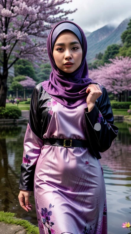 a gorgeous indonesian hijab girl in a misty mountains, lotus pond, cherry blossoms,  a fuchsia colour scarf, ((and a black gamis dress with abstract printed of pink and purple flowers)), chubby, necklace, bracelet, dynamic pose, detailed detail, real skin texture, best quality, ultra sharp, 