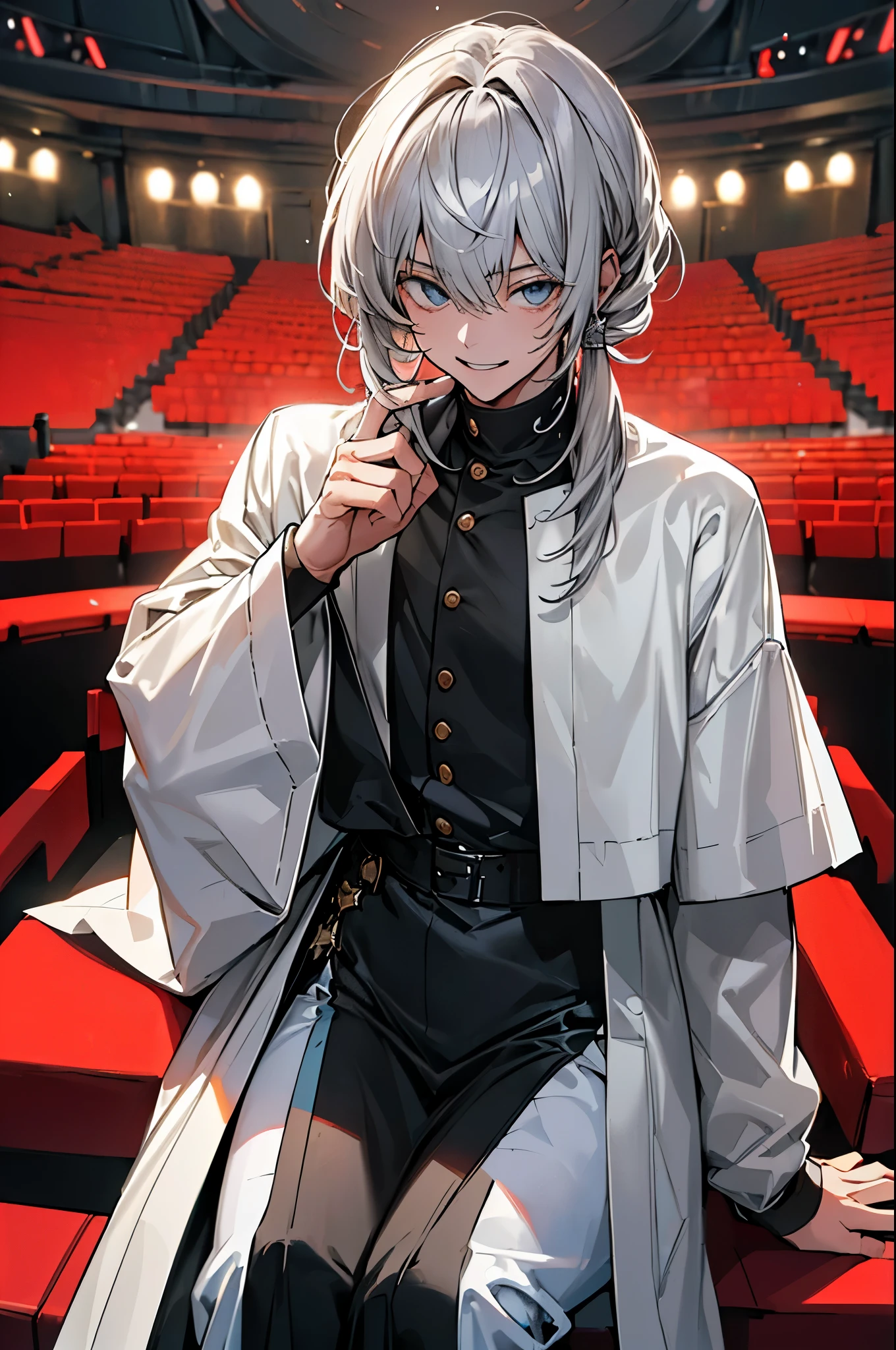 ((4K Workasterpiece、（highest quality)、((High-level image quality))、((One Boy)))、((full body)),((Medium Hair))、((Makes your face smaller))、((Neutral face))、((bangs over eyeechacle))、((Gray Hair,blunt bangs))、((18-year-old))、((Psychopathic Smile)),((Shot alone))、((He sits in front of the audience))、((Photographed diagonally from the front))、Medieval Europe