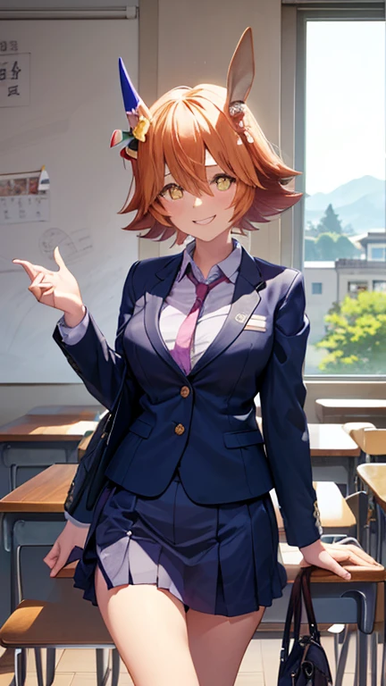 (masterpiece:1.2, top-quality), beautiful illustration, (natural side lighting, movie lighting), nsfw, looking at viewer, cowboy shot, front view:0.6, matikanefukukitaru \(umamusume\), 1 girl, japanese, teacher, perfect face, (large breasts:0.8), beautiful hair, beautiful face, beautiful detailed eyes, beautiful clavicle, beautiful body, beautiful chest, beautiful thigh, beautiful legs, beautiful fingers, ((detailed cloth texture, (saxe blue business suit jacket), lavender collared shirts, saxe blue tight skirt, high heels), (beautiful scenery), evening, class room, school, standing, (graceful, smile, upper eyes),