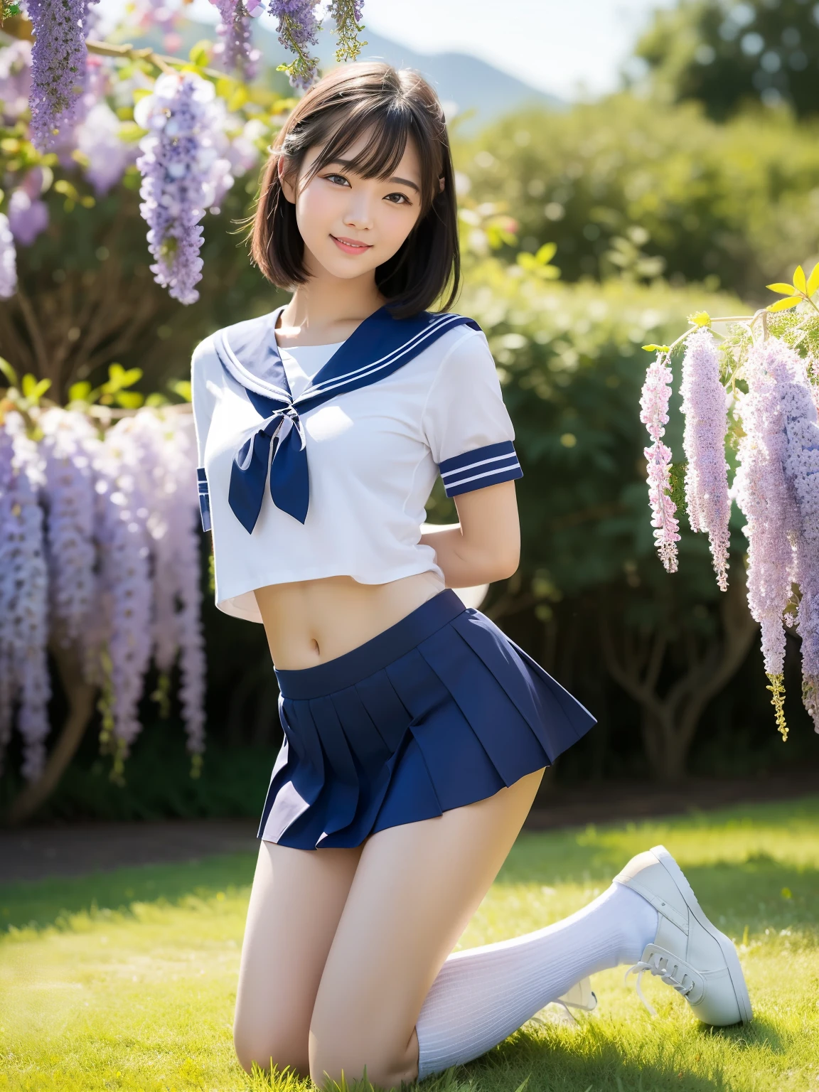 (highest quality:1.5)、(Realistic:1.5)、(1 person:1.5)、Very detailed、High resolution、8k、medium breasts、Natural color lips、Cute Smile、Japanese women、20-year-old girl、Beautiful and elegant face、Perfect and beautiful face、Balanced big eyes、Brunette eyes、Beautiful and elegant face、Natural double eyelids、Natural Bangs、Beautiful thin nose、Beautiful Skin、Medium Bob Hair、Natural Bangs、Perfect and beautiful face、Slim face and figure、Summer blue sky、Grass park on the mountain、Look at the viewers、School Sailor Uniform、White short-sleeved blouse shirt, navy pleated micro miniskirt,、Knee-high socks、Beautiful navel、Open the navel、臍が見えるSchool Sailor Uniformを着ている、High-angle composition、(Staring at the camera with a sweet smile)、Bright lighting、Professional Lighting、Forward lighting、Beautiful feet:1.2、Smooth Skin、Slim Body、Slim waistline、slim thin thighs、(Kneeling on the grass)、(A little angle from below)、Stand on one knee、Student bag、Wisteria flower、
