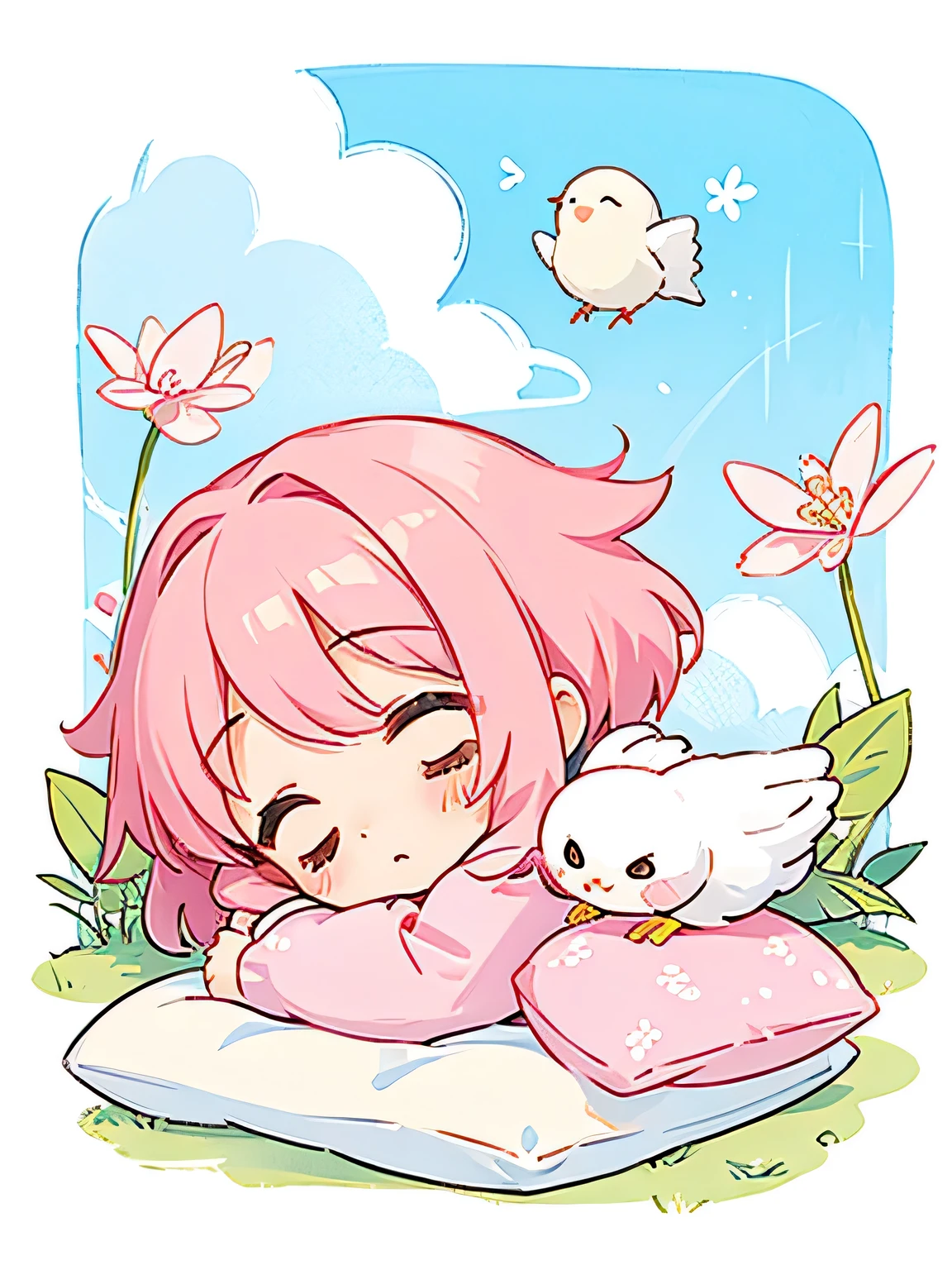 Momoko Sakura Style, Kawaii Design, most beautiful girl ever、Chibi, birdie、nap、on the cloud