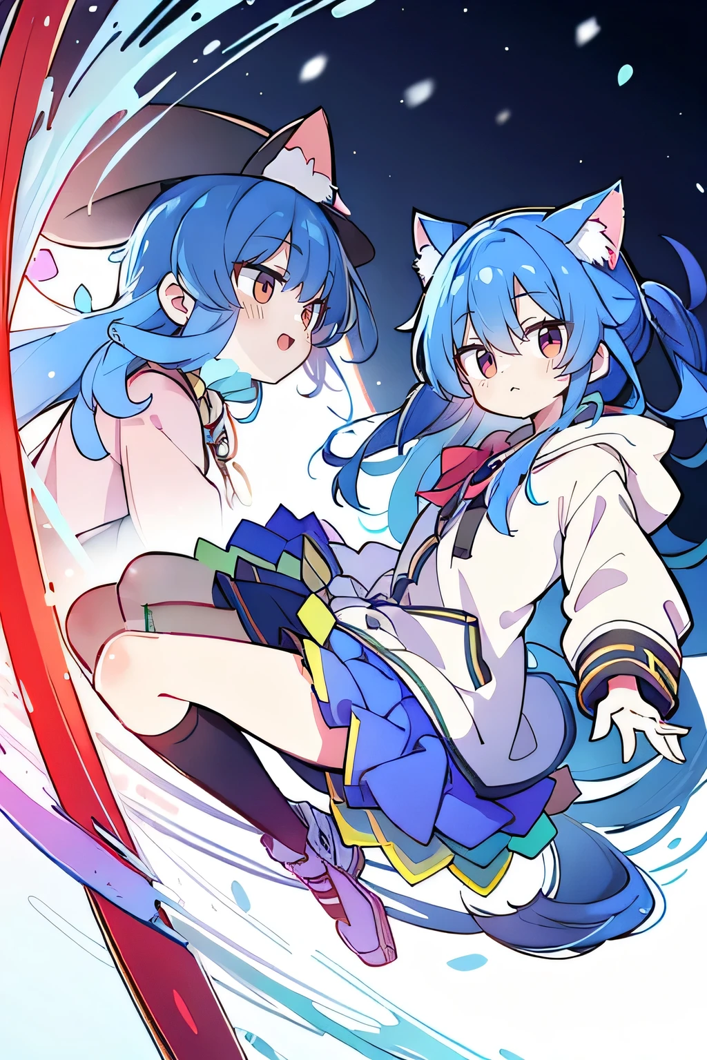 （masterpiece：1.2），Super detailed，lifelike，Expressive eyes，fair skin，perfect face shape，1 girl，
Japanese comics,Gorgeous blue hair,flowing blue hair,flowing clothes,Cat ears,Petals fall,beautiful lola,Baby Angel,sunrise,
Cross your legs，Gentle and peaceful background，The pavilion is cool and comfortable,smile, wearing hoodie, background of tokyo,back views,snowing, winter.