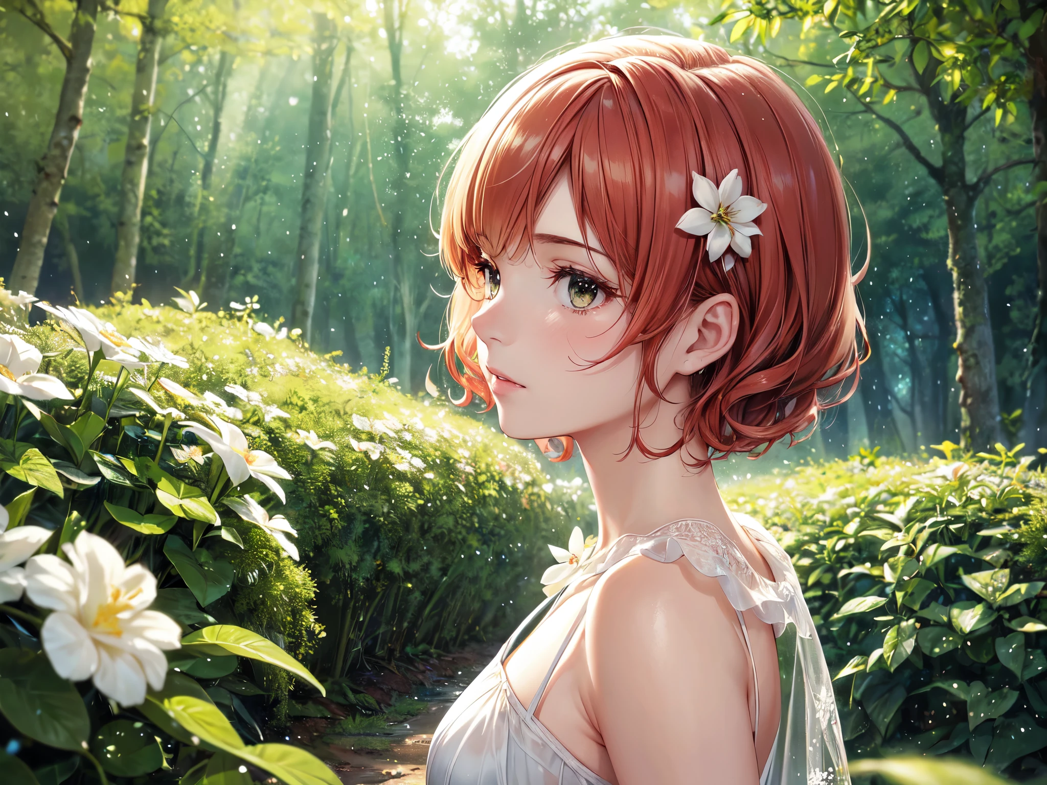 Lovely woman under drizzle, (elegant, Pretty Face), Transparent white dress, Forest Moss, (freckle:0.8), Flower field, , Red curly hair, magical atmosphere, (short hair), ((Delicate skin, Texture)), Ultra Detailed, (Complex details, Fine details, Ultra Detailed), Ray Tracing, Subsurface scattering, (Fantasy underworld background), Diffuse soft light, Shallow and deep, go through (Oliver Waite), Clear focus bokeh, (Realistic photo quality:1.4)