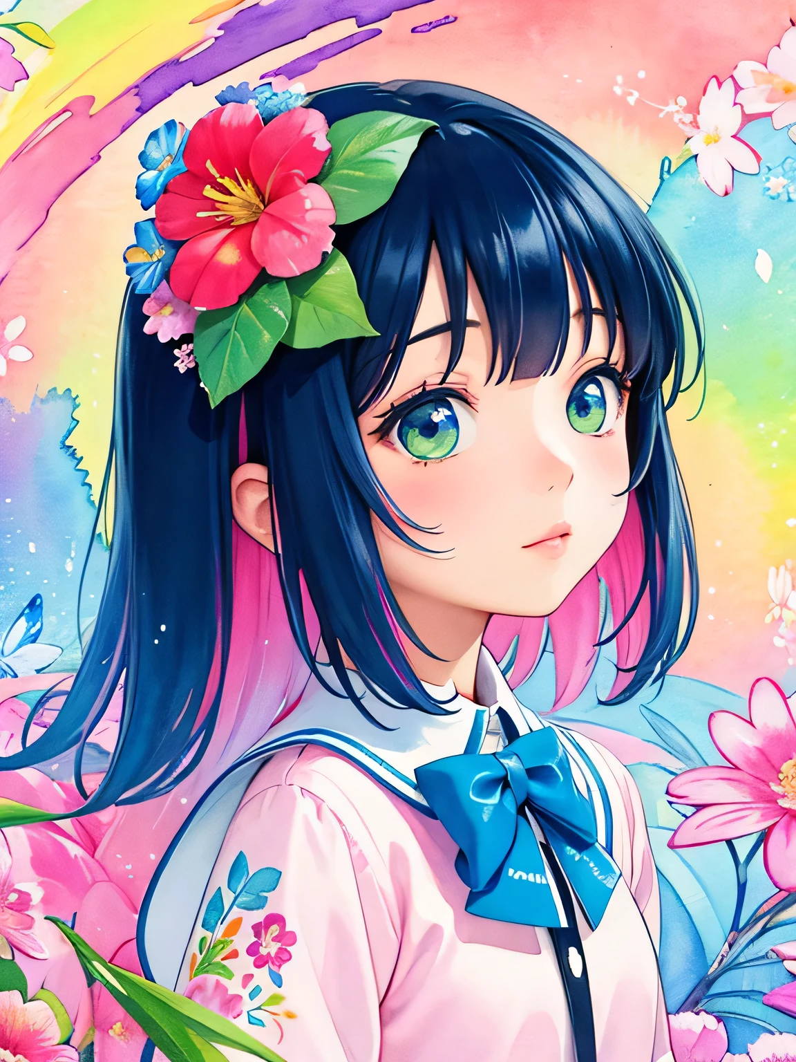 Momoko Sakura style、8K Quality、Intense watercolor, Detailed watercolor art, Watercolor splash, Surreal, avant-garde pop art, Beautiful and expressive paintings, Beautiful artwork illustration, Very colorful tones, wonderful, Cool beauty, highest quality、Official Art, Vector art, Stylish design, (((The most beautiful girl))), (((highest quality))), HDR, ((detailed)), (((Doodle Art)), ((masterpiece)), ((Super detailed)), (((Colorful flowers))),
