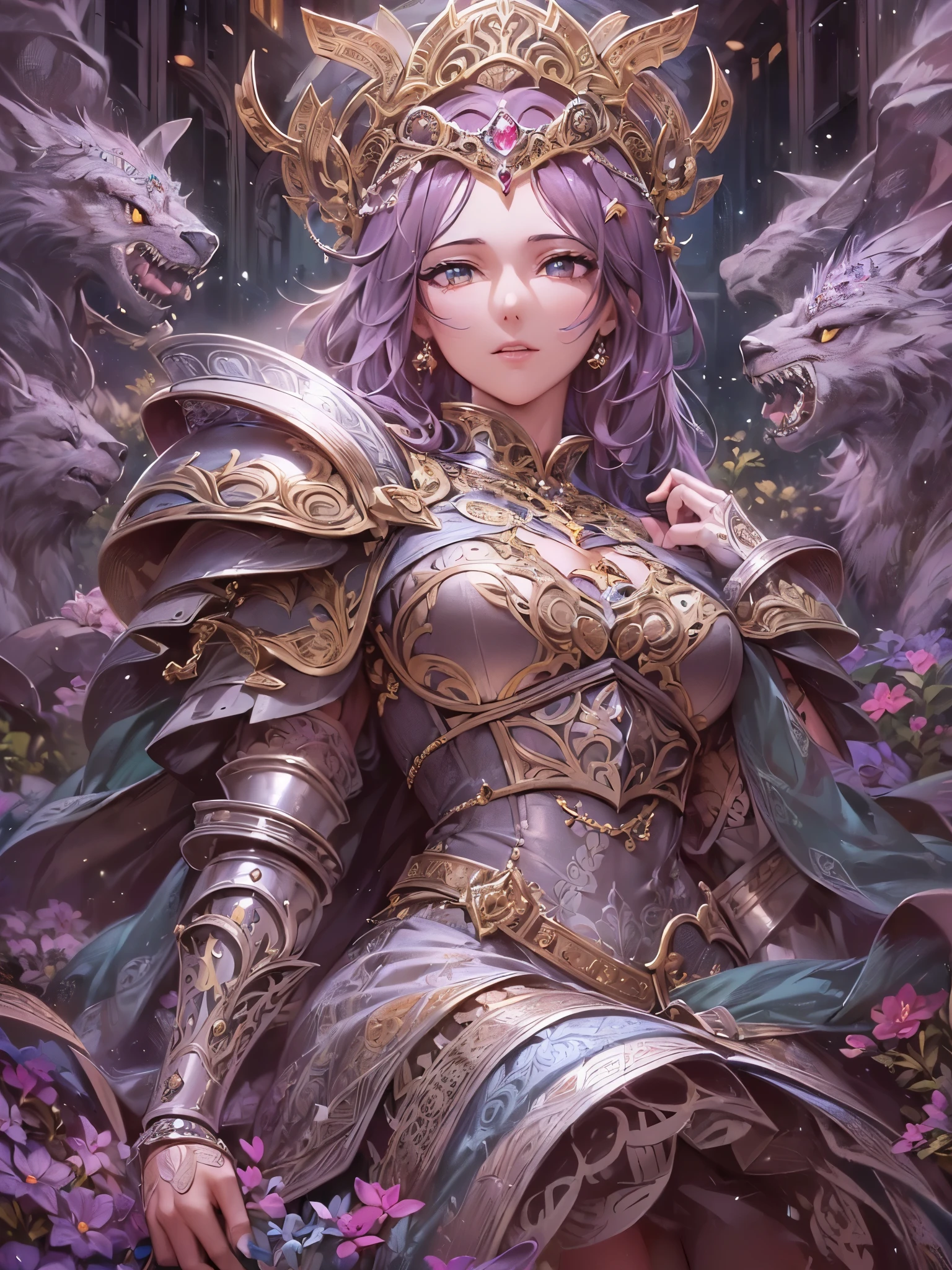 ((highest quality)),(Ultra-high resolution),(Super detailed new),(Detailed Description),((The best CG)),(A masterpiece),Ultra-detailed art,A wonderful new art form,(Fantasy art with intricate detail:1.5), (A princess knight in a dress-like armor, detailed and intricately rendered:1.7),(Beautiful and well-proportioned face:1.4), The beast roars, Storm of battle