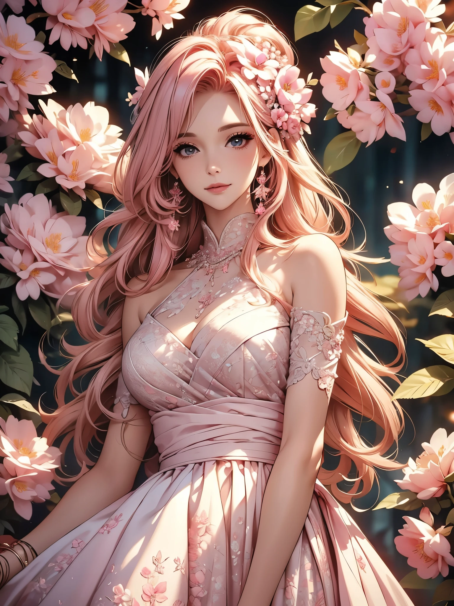 (best quality, 8K, masterpiece:1.2), Octane Render, pink fashion, elegant dress, pink long hair, beautiful woman, pretty eyes, gentle smile, flower hair ornament, surrounded by flowers