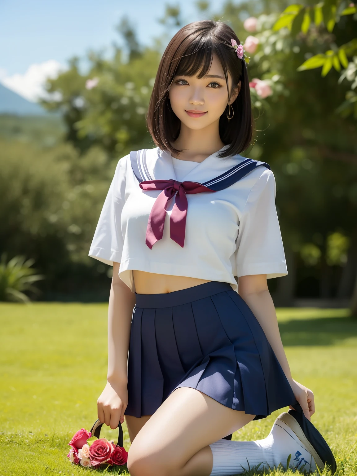 (highest quality:1.5)、(Realistic:1.5)、(1 person:1.5)、Very detailed、High resolution、8k、medium breasts、Natural color lips、Cute Smile、Japanese women、20-year-old girl、Beautiful and elegant face、Perfect and beautiful face、Balanced big eyes、Brunette eyes、Beautiful and elegant face、Natural double eyelids、Natural Bangs、Beautiful thin nose、Beautiful Skin、Medium Bob Hair、Natural Bangs、Perfect and beautiful face、Slim face and figure、Summer blue sky、Grass park on the mountain、Look at the viewers、School Sailor Uniform、White short-sleeved blouse shirt, navy pleated micro miniskirt,、Knee-high socks、Beautiful navel、Open the navel、臍が見えるSchool Sailor Uniformを着ている、High-angle composition、(Staring at the camera with a sweet smile)、Bright lighting、Professional Lighting、Forward lighting、Beautiful feet:1.2、Smooth Skin、Slim Body、Slim waistline、slim thin thighs、(Kneeling on the grass)、(A little angle from below)、Stand on one knee、Student bag、Rose flower、
