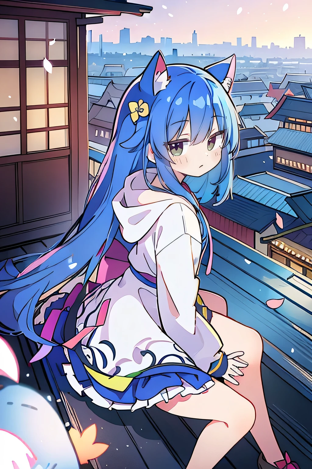 （masterpiece：1.2），Super detailed，lifelike，Expressive eyes，fair skin，perfect face shape，1 girl，
Japanese comics,Gorgeous blue hair,flowing blue hair,flowing clothes,Cat ears,Petals fall,beautiful lola,Baby Angel,sunrise,
Cross your legs，Gentle and peaceful background，The pavilion is cool and comfortable,smile, wearing hoodie, background of tokyo,back views,snowing, winter.