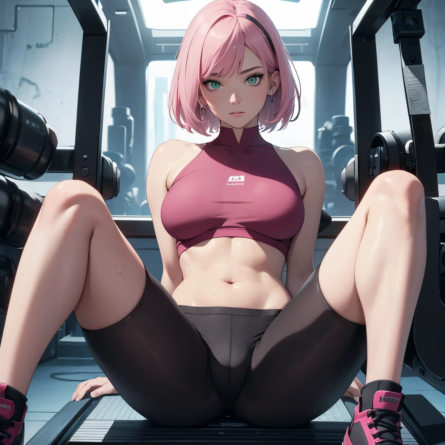 (masterpiece), Best quality, good anatomy, one girl, ( Spread your legs), (hand on her breast), green eyes, realistic face, short haircut, gloomy face, pink hair, navel ,bare shoulders, tight black top, black pants, beautiful legs, wet, gym, Reflectors, 8K masterpiece, super detail, film movie, best quality, best ditails, detailed face, detailed eyes, camera from bellow