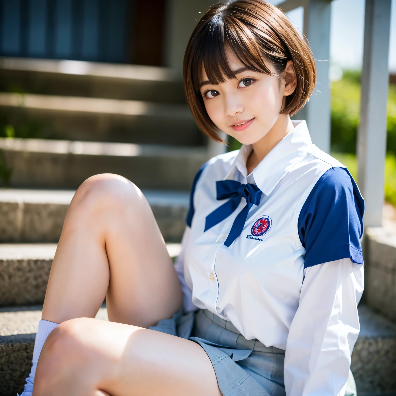 muste piece, Top quality, 8K, , japanese girl, slender, Raw photo, absurd, award-winning portraits, (detailed face, shy smile), solo, Transparent white T-shirt made of very thin material、 sailor uniform, short sleeve, idol face, super mini skirt, knee high socks, slim legs, shoes, whole body shot from the bottom of the stairs, whole body shot from a Low - Angle, detailed face), refreshing shy smile, slender girl, Golden short-cut hair, dark eyes, whole body, digital single lens reflex, look at the viewer, Frank, sophisticated, like々New, perfect whole body balance, (Low - Angle), professional lighting, (Eye and face details: 1.0), (It's blurry: 1.1)
