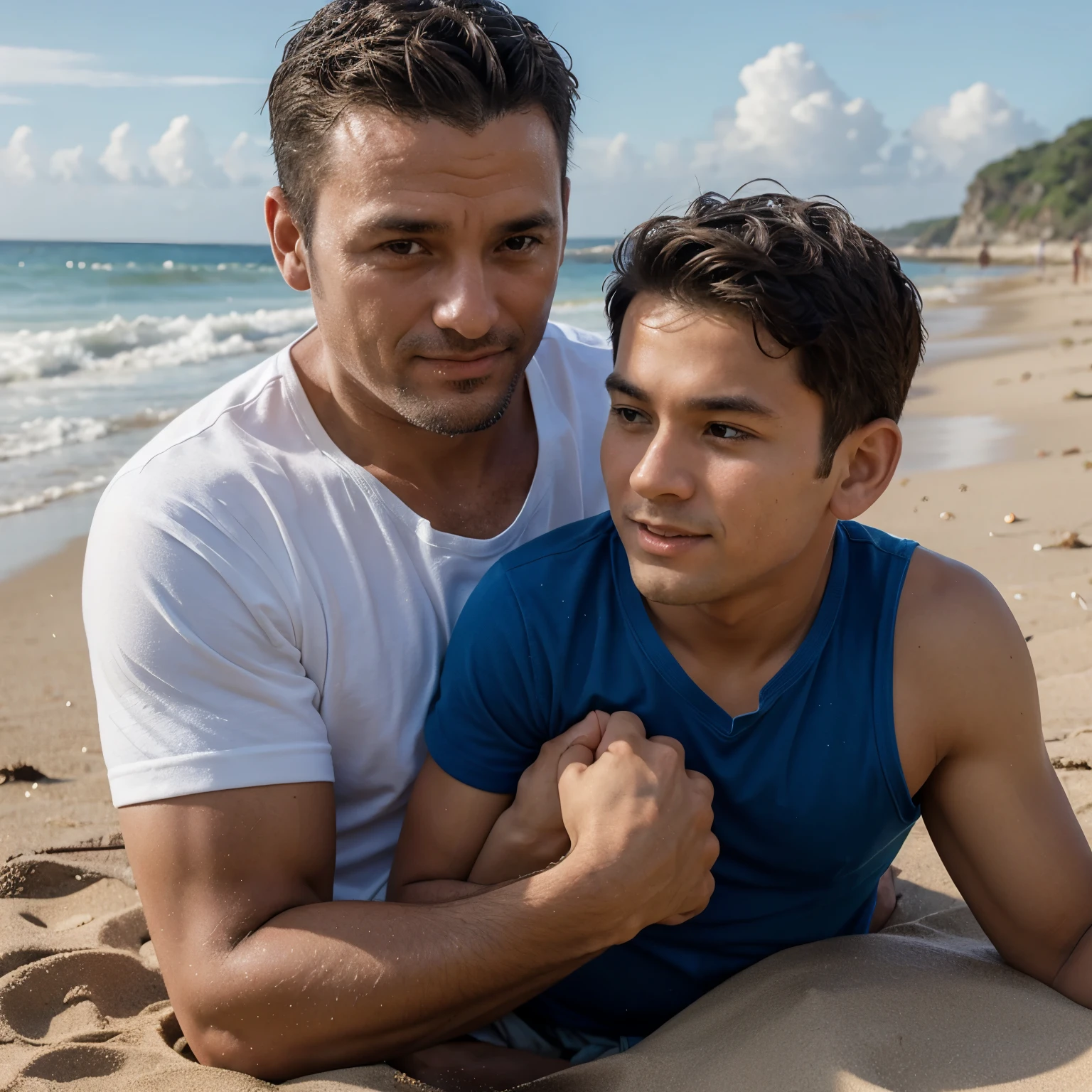 40 year old man with his young son on the beach 