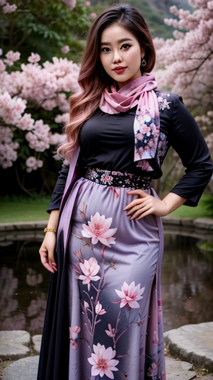 a gorgeous indonesian hijab girl in a misty mountains, lotus pond, cherry blossoms, a fuchsia colour scarf, ((and a black gamis dress with abstract printed of pink and purple flowers)), chubby, necklace, bracelet, dynamic pose, detailed detail, real skin texture, best quality, ultra sharp,