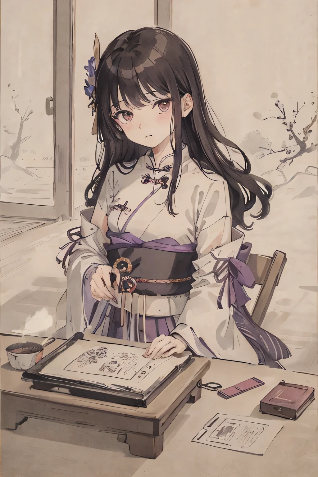 (Masterpiece, best quality: 1.2), traditional Chinese ink painting, purple hair, purple eyes, Raiden Shogun,