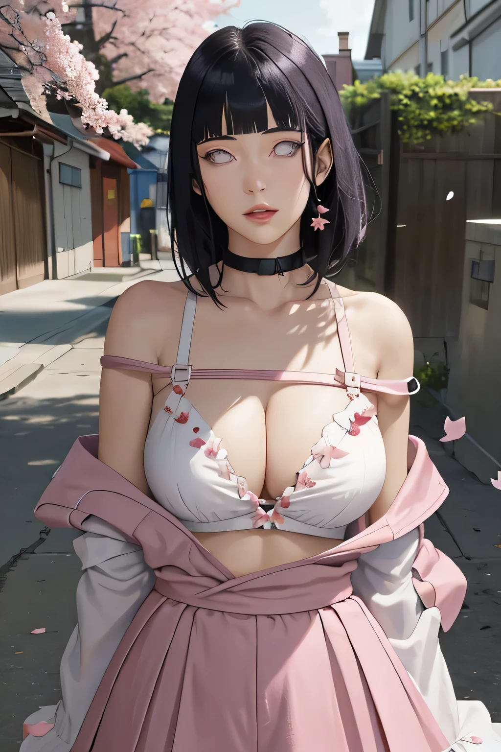 masterpiece, absurdres, hinata\(boruto\), 1girl, solo,mature female, off-shoulder strap bra, high waist short skirt, looking at viewer, (falling petals), perfect composition, detailed lips, big breast, beautiful face, body propotion, blush, (pink lips), long hair, purple eyes, soft gaze, super realistic, detailed, photoshoot, realistic face and body,