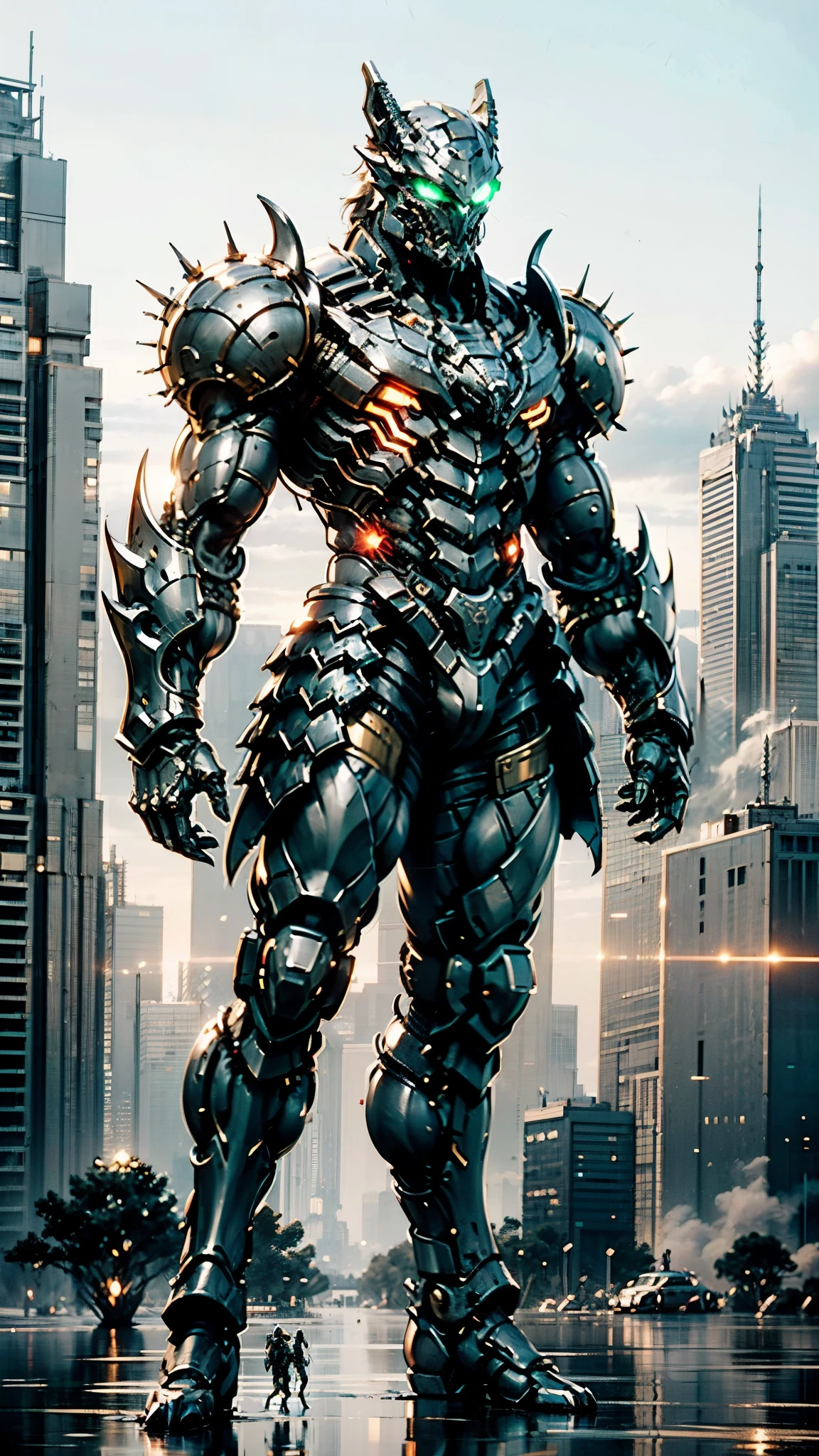 A man wearing a full-face helmet, a fantasy-style biotech armored combat suit, green eyes, (a composite layered chest armor), fully enclosed shoulder guards, matching arm and leg guards, the belt is adorned with dragon claw grasping orbs, (primarily black with red accents), the design balances heavy with agility, a high-tech bio-mecha armor, (Wolf concept Armor, stand on the top of a skyscraper in a futuristic sci-fi city), this character embodies a finely crafted fantasy-surreal style armored hero in anime style, exquisite and mature manga art style, (element, plasma, energy, the armor glows), ((male:1.5)), metallic, real texture material, dramatic, high definition, best quality, highres, ultra-detailed, ultra-fine painting, extremely delicate, professional, perfect body proportions, golden ratio, anatomically correct, symmetrical face, extremely detailed eyes and face, high quality eyes, creativity, RAW photo, UHD, 32k, Natural light, cinematic lighting, masterpiece-anatomy-perfect, masterpiece:1.5