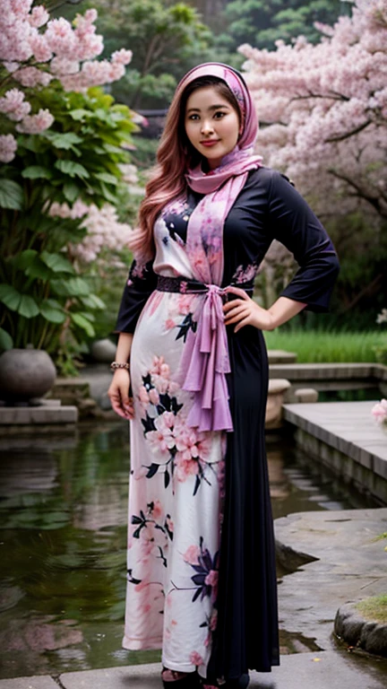 a gorgeous indonesian hijab girl in a misty mountains, lotus pond, cherry blossoms, a fuchsia colour scarf, ((and a black gamis dress with abstract printed of pink and purple flowers)), chubby, necklace, bracelet, dynamic pose, detailed detail, real skin texture, best quality, ultra sharp,
