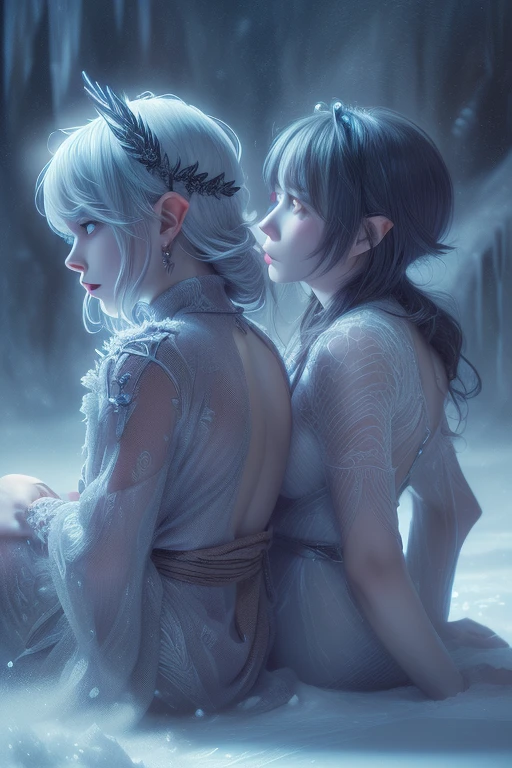 (ultra-detailed face, looking away:1.3), (2woman. She kneels with her back to the feet of the Ice Queen in a blizzard.:1.3), (Fantasy Illustration with Gothic & Ukiyo-e & Comic Art.), (A middle-aged dark elf woman with white hair, blunt bangs, bob cut, and dark purple skin.), (Her eyes are lavender in color.)