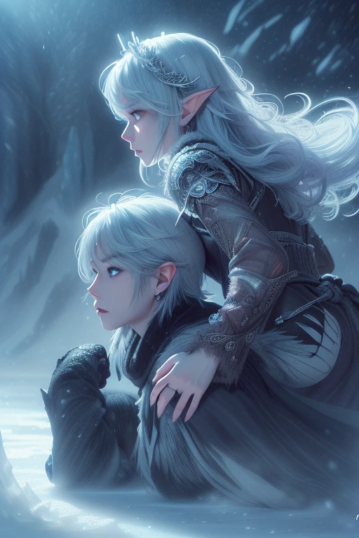 (ultra-detailed face, looking away:1.3), (2woman. She kneels with her back to the feet of the Ice Queen in a blizzard.:1.3), (Fantasy Illustration with Gothic & Ukiyo-e & Comic Art.), (A middle-aged dark elf woman with white hair, blunt bangs, bob cut, and dark purple skin.), (Her eyes are lavender in color.)