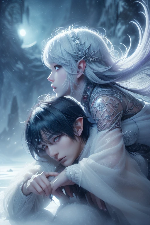 (ultra-detailed face, looking away:1.3), (2woman. She kneels with her back to the feet of the Ice Queen in a blizzard.:1.3), (Fantasy Illustration with Gothic & Ukiyo-e & Comic Art.), (A middle-aged dark elf woman with white hair, blunt bangs, bob cut, and dark purple skin.), (Her eyes are lavender in color.)