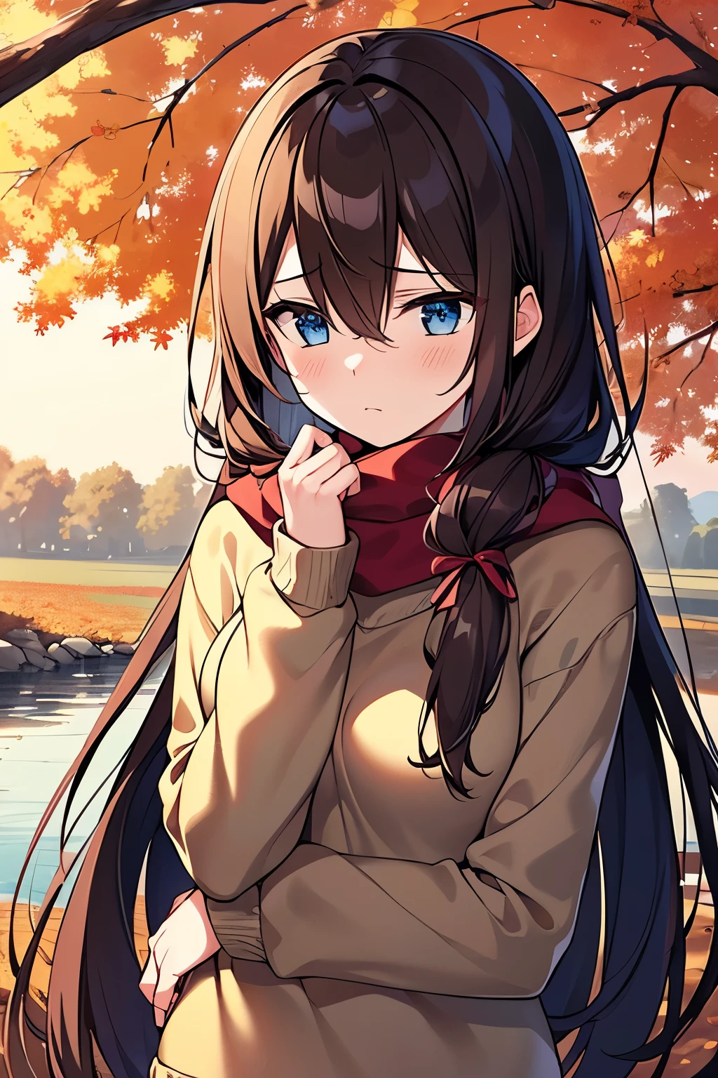 (masterpiece), best quality, ultra-detailed, illustration, warm lighting, soft lighting, bright colors, 1 girl, solo,( beautiful girl, long hair, blue eyes, ribbon, brown hair, hair between eyes, hair ribbon, sidelocks, very long hair, messy hair,) , autumn, many maple tree, maple leaves, golden leaves, fall foliage, Dried leaves, river, crisp air, peace, cool breeze , sweater weather,( wear white or brown sweater, red scarf, Moody fall, Wistful, Melancholy, sad ,worried, Longing,)