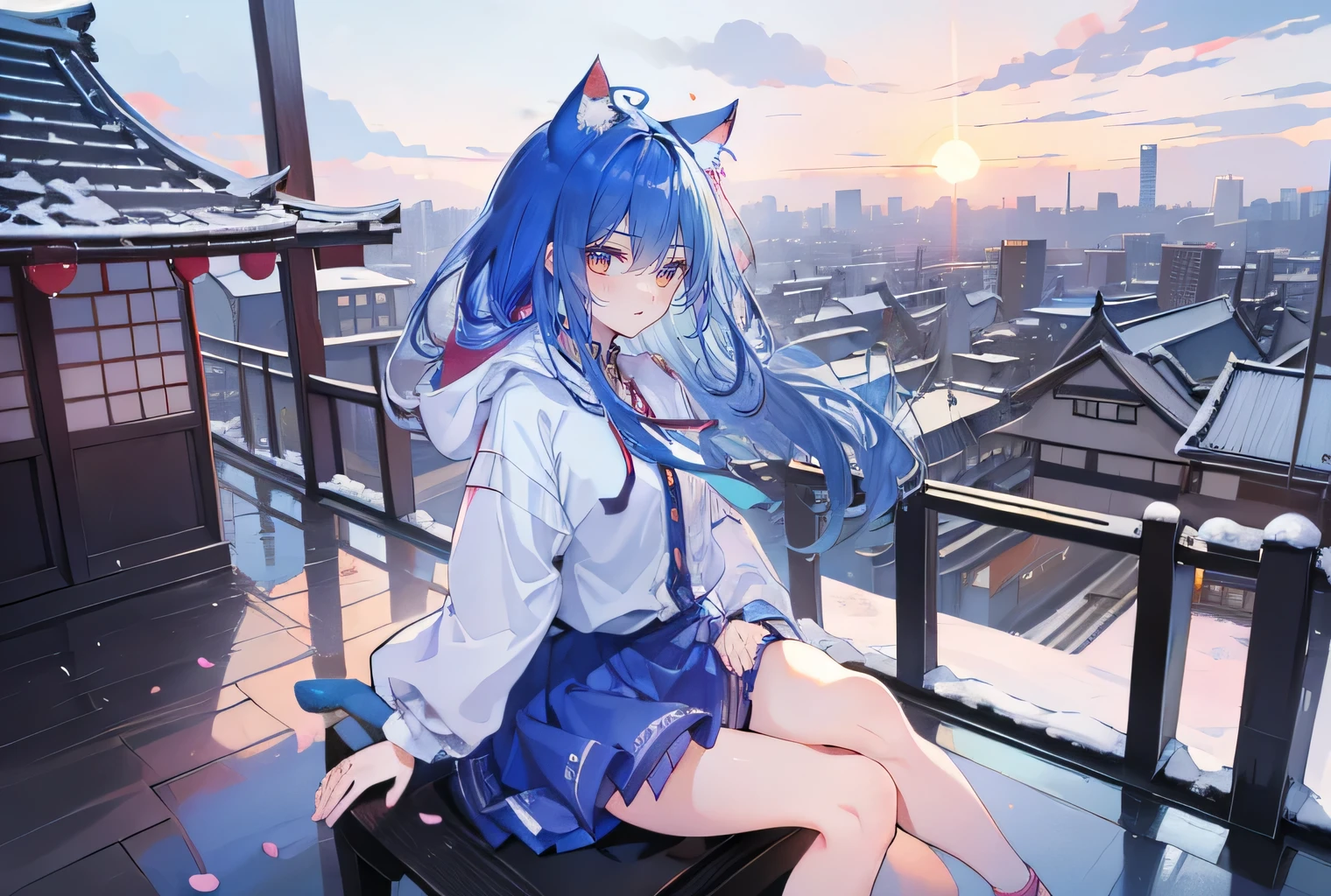 (masterpiece:1.2),Super detailed,lifelike,Expressive eyes,fair skin,perfect face shape,1 girl,
Japanese comics,Gorgeous blue hair,flowing blue hair,flowing clothes,Cat ears,Petals fall,beautiful lola,Baby Angel,sunrise,
Cross your legs,Gentle and peaceful background,The pavilion is cool and comfortable,smile, wearing hoodie, background of tokyo,back views,snowing, winter.