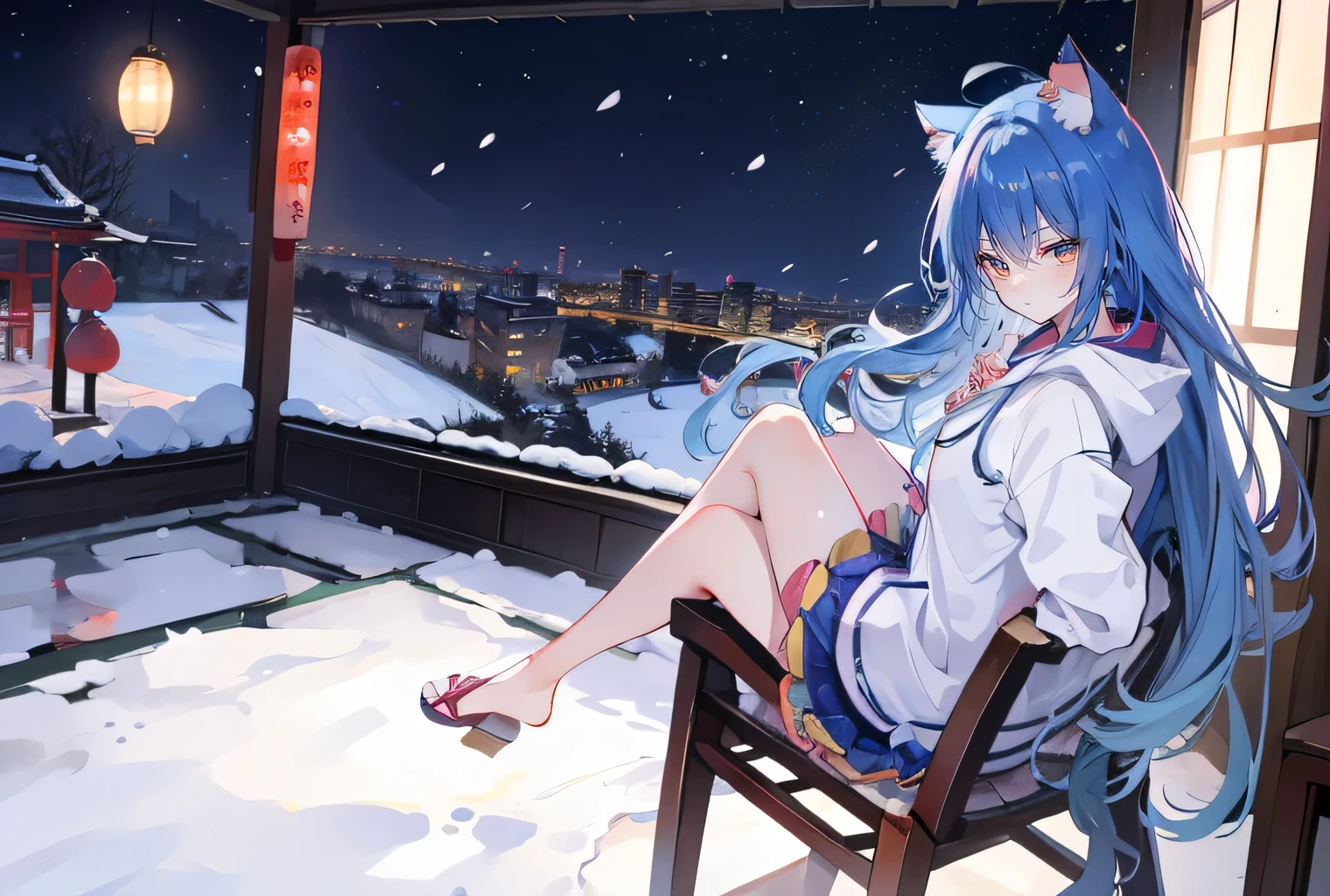 (masterpiece:1.2),Super detailed,lifelike,Expressive eyes,fair skin,perfect face shape,1 girl,
Japanese comics,Gorgeous blue hair,flowing blue hair,flowing clothes,Cat ears,Petals fall,beautiful lola,Baby Angel,sunrise,
Cross your legs,Gentle and peaceful background,The pavilion is cool and comfortable,smile, wearing hoodie, background of tokyo,back views,snowing, winter.