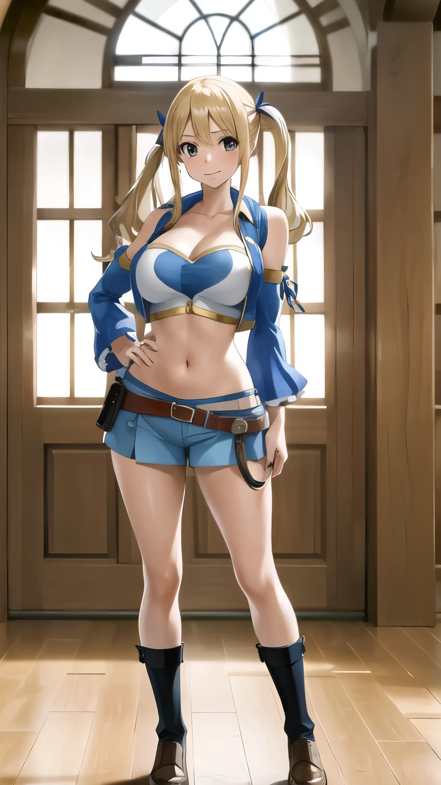 masterpiece, best quality, highres, lucy heartfilia, blonde hair, twintails, large breasts, detached sleeves, midriff, cropped vest, strapless, belt, black miniskirt, cowboy shot, indoors, standing, full body photo shoot, full body pict