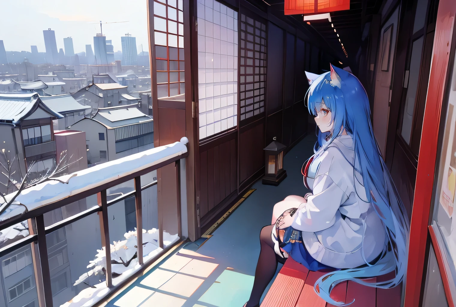 （masterpiece：1.2），Super detailed，lifelike，Expressive eyes，fair skin，perfect face shape，1 girl，
Japanese comics,Gorgeous blue hair,flowing blue hair,flowing clothes,Cat ears,Petals fall,beautiful lola,Baby Angel,sunrise,
Cross your legs，Gentle and peaceful background，The pavilion is cool and comfortable,smile, wearing hoodie, background of tokyo,back views,snowing, winter.