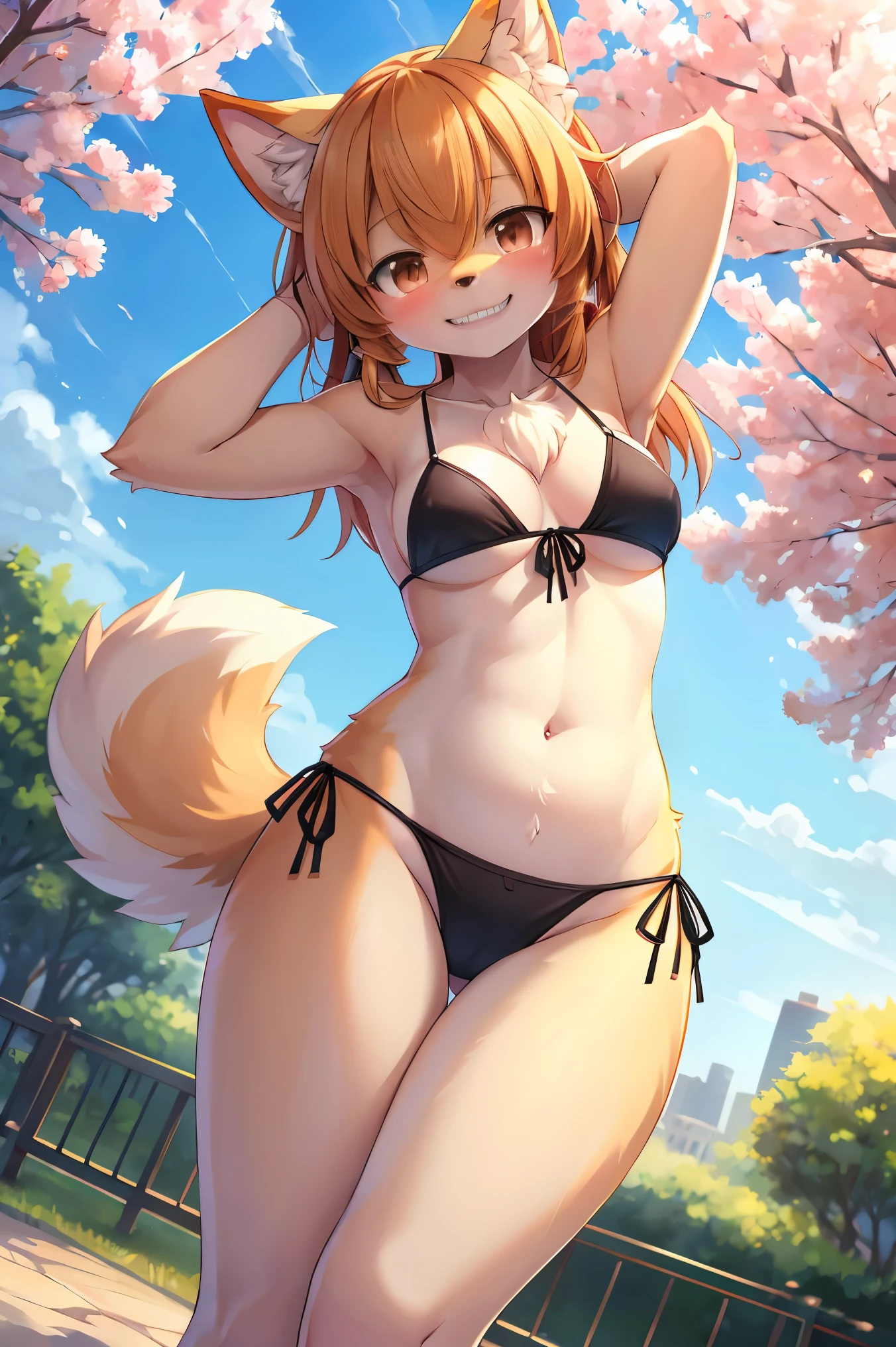 (best quality,4k,8k,highres,masterpiece:1.2),ultra-detailed,dutch angle,kemono,anime,girl,furred,anthro,full-body,alone,species,Two-toned-body,full-body,dog ears,dog tail, 35 years old, micro bikini, side-tie panties, grin, challenging smile, embarrassed, blush, looking at viewer, standing, arms behind head, arms up, park