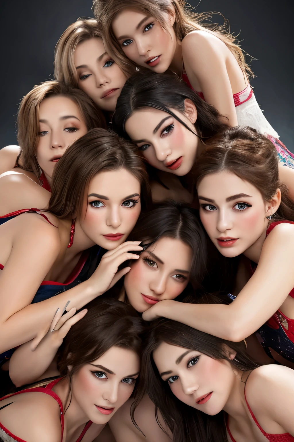 highest quality, masterpiece, Detailed skin texture, Detailed cloth texture, Detailed face, Super Detail, 8K, Intricate details, 20 cute girls stacking on each other, whole bodies, pile on, pile up, human tower, more girls wanting to ride