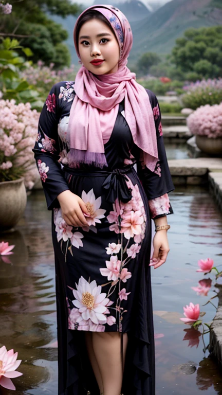 a gorgeous indonesian hijab girl in a misty mountains, lotus pond, cherry blossoms,  a fuchsia colour scarf, ((and a black gamis dress with abstract printed of pink and purple flowers)), chubby, necklace, bracelet, dynamic pose, detailed detail, real skin texture, best quality, ultra sharp, 