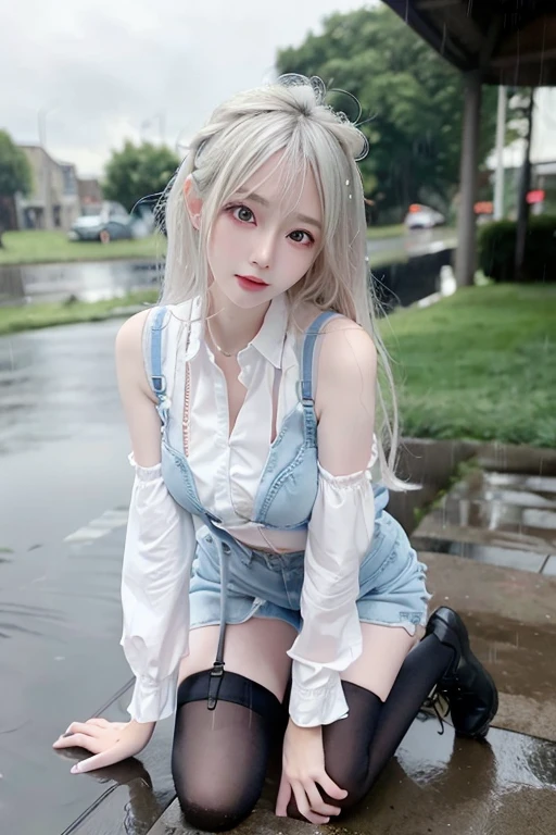 1 Giant breasts,Anime Style,Stand on your own two feet,hiccups,It's cold,My whole body is shaking,clear suspenders,Leg Straps,White short dress,(Long white hair),Blue colored eyes,Rain-soaked tops,Wet day,Expression of heartache