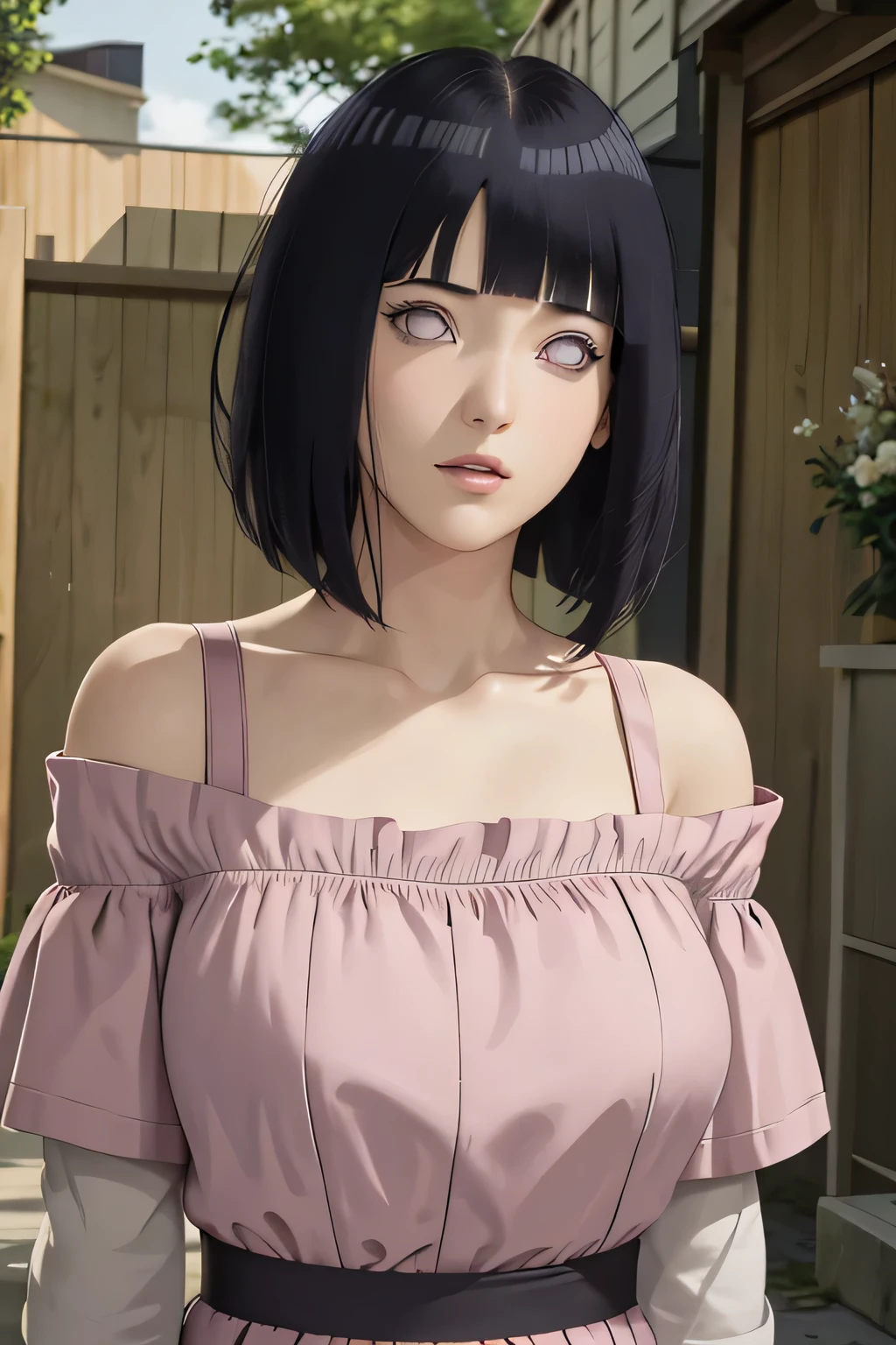masterpiece, absurdres, hinata\(boruto\), 1girl, solo,mature female, tank-top bra,showing bearsts, tits, topless, dark, looking at viewelling petals), perfect composition, detailed lips, breast, beautiful face, body propotion, blush, (pink lips), perfect hair, purple eyes, soft gaze, super realistic, detailed, photoshoot, realistic face and body, thighhighs, standing pose view