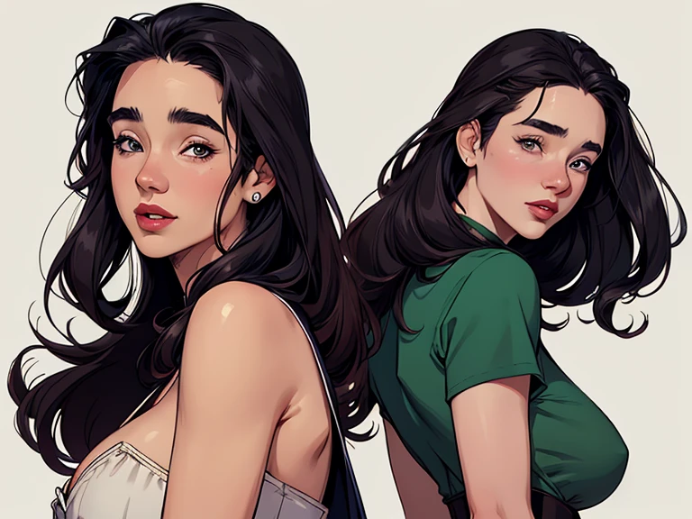 Com um dragão Ennifer Connelly, very long to the waist and half curly with bangs, seios pequenos, olhos grandes com um brilho apaixonado, olhos verdes mel, Um lindo sorriso, vestindo uma camiseta preta longa com um terno feminino verde e jeans, in a serious and sweet comic-style pose, alta qualidade Jennifer Connelly personagem mulher estilo Jennifer Connelly com marcas de guerras Imagem de desenho animado de uma mulher .Ilustra??o estilo desenho animado, estilo de arte dos desenhos animados, estilo de arte dos desenhos animados, digital illustration style, estilo atompunk projeto de pessoaagens altamente detalhado, arte digital detalhada coragem, Forest fan art, Design de personagens de retrato, beautiful digital illustration, retrato de alta qualidade, Arte em quadrinhos, mulher jovem cabelo com transas lindas . Queen Anna by Jennifer Connelly lined eyes Medium large bust and wonderful sexy clothes. image expression of sexual desire from waist to head illustration Queen Anne of Arendelle atompunk style Fallout 4 style pose playboy magazine sensual witch Character cartoon style facial expression happy beautiful smile and six medium small portrait mode waist up with lots of gold around her other stones portrait precious mode waist up queen of the south Jennifer Connelly GTA scenery dominatrix gold coins chest with jewelry with her boyfriend, um homem com barba preta, armado com um estilo militar, Jennifer Connelly Turnaround sheet Creates multiple images in different poses of the same cartoon character:1.2), Woman from Southern Brazil Drawing Art Gaucho Artline white background woman Cartoon image of a woman , roupas sensuais , garota Personagens GTA estilo artgerm femininas Yvonne Strahovski estilo de desenho garota,, pequeno, Shy, bunda grande, catholic nun outfit , dynamic pose, Quente, soft or colored lips, fundo simples, perfect hands, anatomia perfeita, Apoie-se no estilo cartoon de Jennifer Connelly