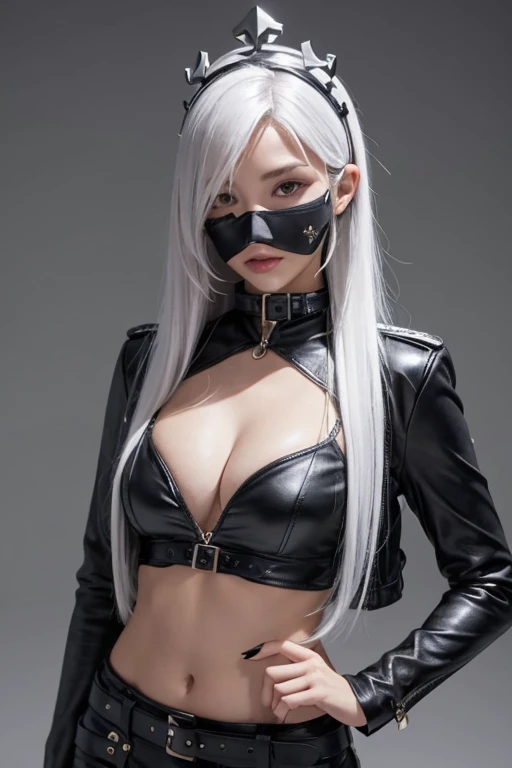 The image shows、Shown is a stylized female figure with black and white hair., Wearing a leather crown and mask. It has a dark aesthetic., Wearing tight black clothing adorned with belts and metal parts. This person has、It has one visible eye with an intense gaze... There appear to be more figures in the background in greyish tones... masterpiece, High resolution, Perfect Skin 