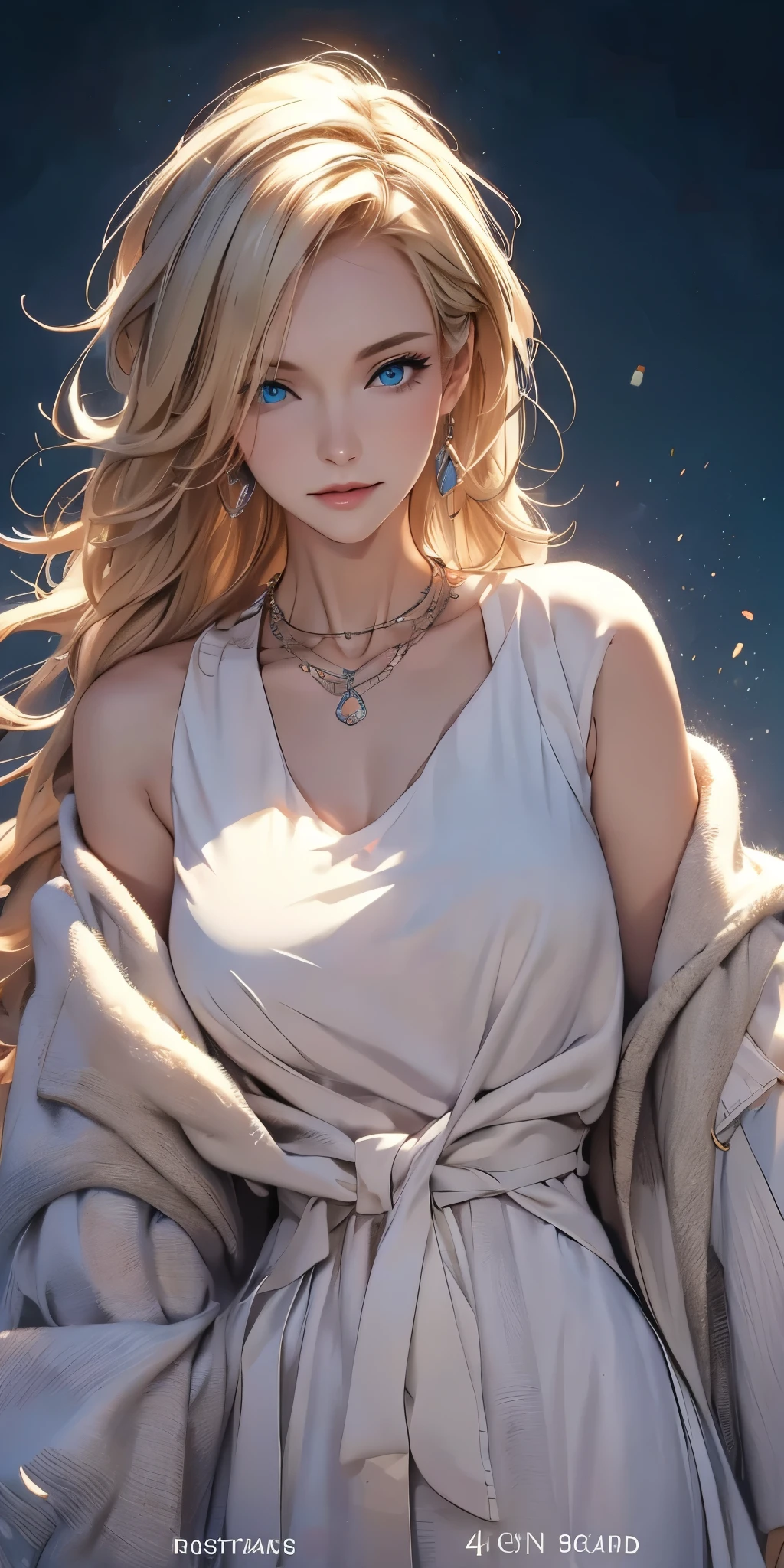 best quality, masterpiece, high resolution, A girl, portrait, actual, blue eyes, Blonde hair, Large Breasts, fashion brand image, Fashionable and casual, Fashion Clothing, necklace, jewelry, Pretty Face, Perfect breasts, Tyndall effect, lifelike, Dark Studio, Side light, Two-color lighting, (HD Skin:1.2), 8K Ultra HD, SLR camera, Soft Light, high quality, Volumetric Lighting, frank, photography, high resolution, 4K, 8k, Bokeh, concept art, Art work