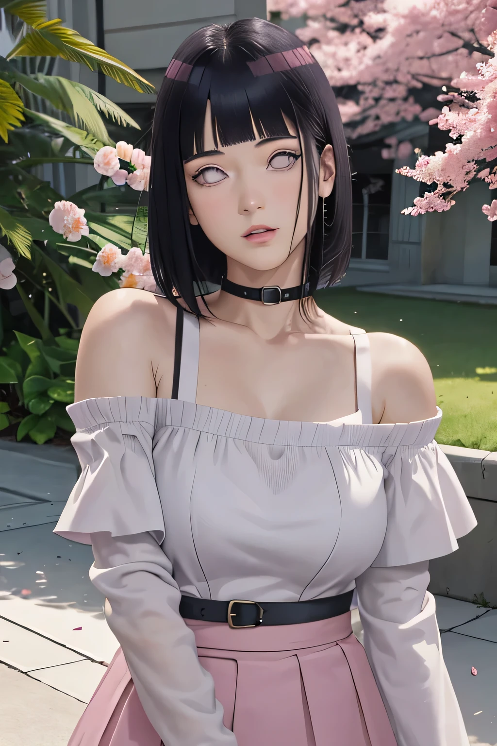 masterpiece, absurdres, hinata\(boruto\), 1girl, solo,mature female, off-shoulder strap bra, high waist short skirt, looking at viewer, (falling petals), perfect composition, detailed lips, big breast, beautiful face, body propotion, blush, (pink lips), long hair, purple eyes, soft gaze, super realistic, detailed, photoshoot, realistic face and body,