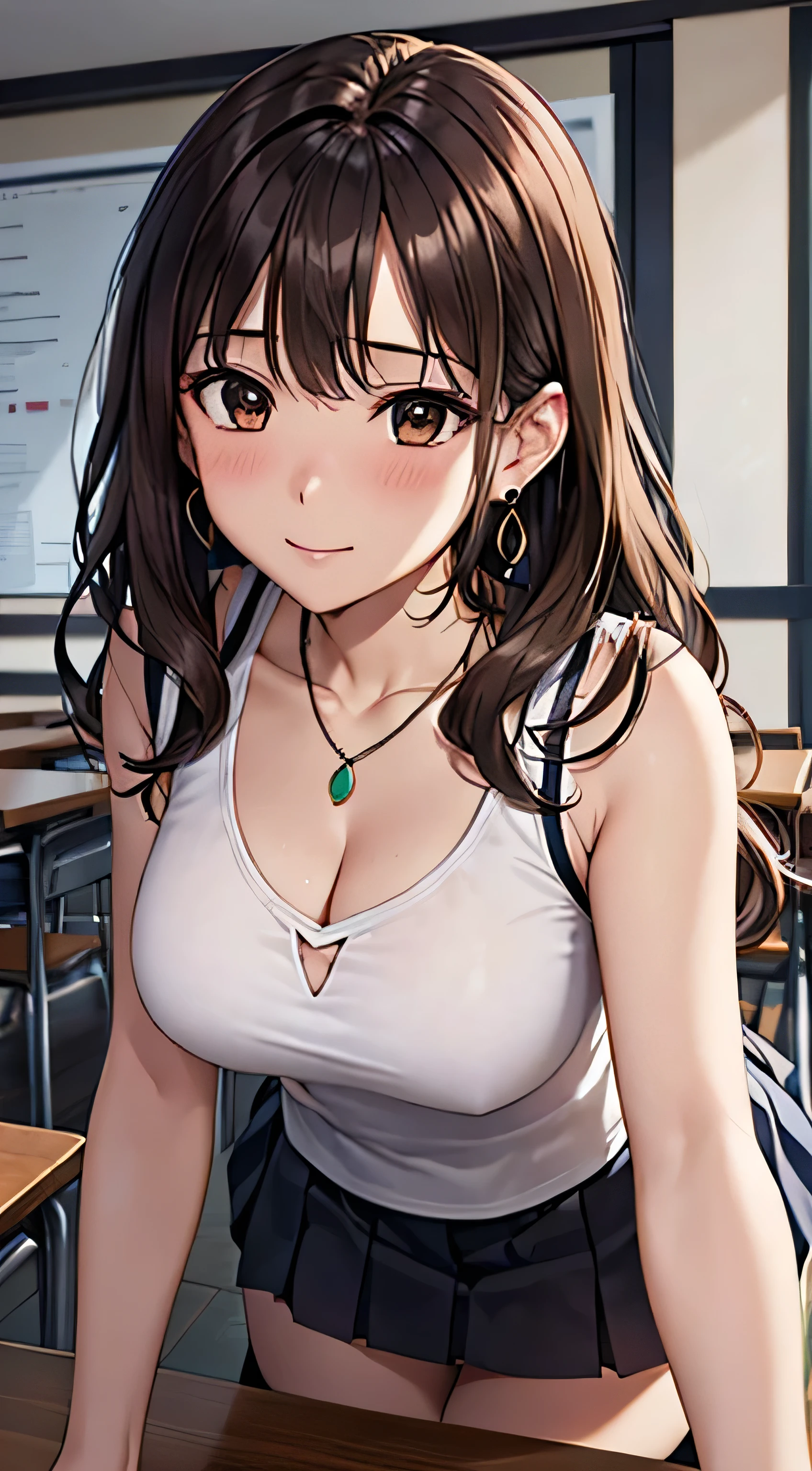 (Tabletop, highest quality, High resolution, , Perfect Pixel, 4K,), 1 girl, single, alone, Beautiful woman、I could see the whole body、 ((Wavy mid-length hair, bangs, Brown Hair)), ((Brown eyes, Beautiful eyelashes, Realistic eyes)), ((Detailed face, blush:1.2)), ((Smooth texture:0.75, Realistic texture:0.65, Realistic:1.1, Anime CG Style)), Medium Chest, Dynamic Angle, Perfect body, female teacher、((, White sleeveless top、Long pleated skirt、Black Stockings、Cute Necklace、Earrings、)), look up、A shy smile、Accentuate your breasts、Put your hands behind your back and stick out your chest、)、Angle from below、classroom、、、