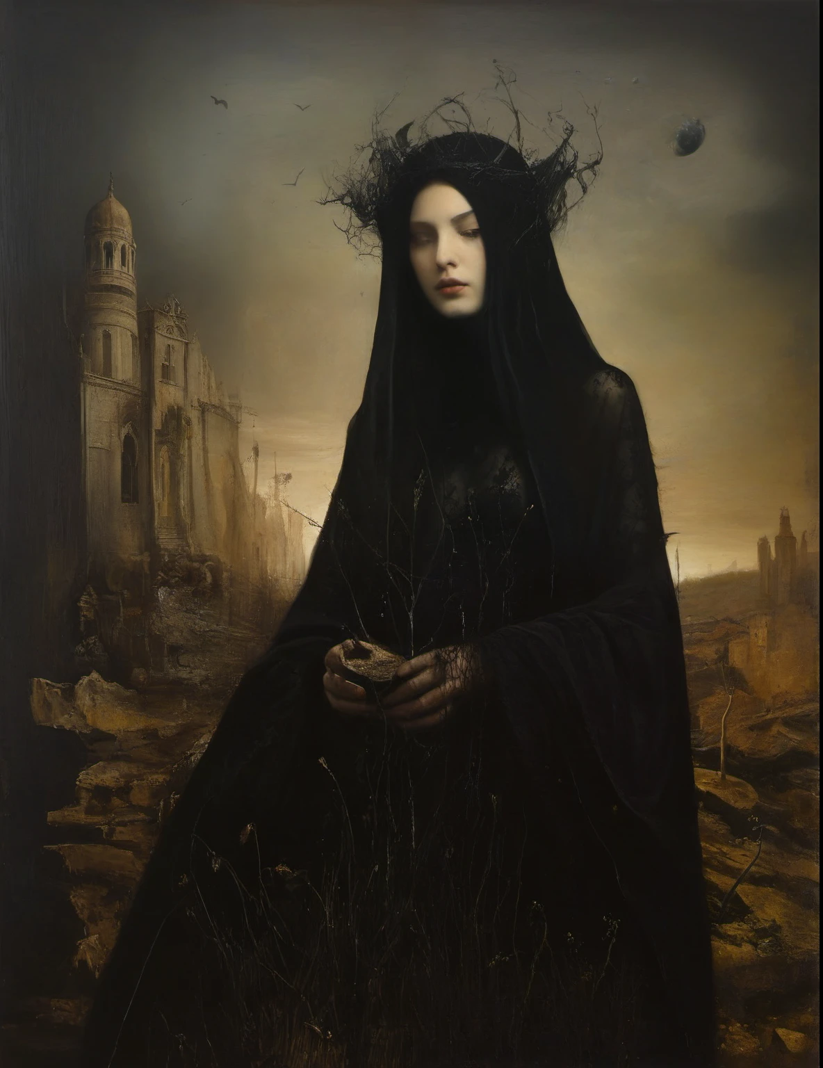 James Gurney, Surrealist art , dream-like, Mysterious, Provocative, symbolic, Complex, detailed,, (Gothic but very beautiful:1.4), (masterpiece, highest quality:1.4) , Nicola Samori Style,