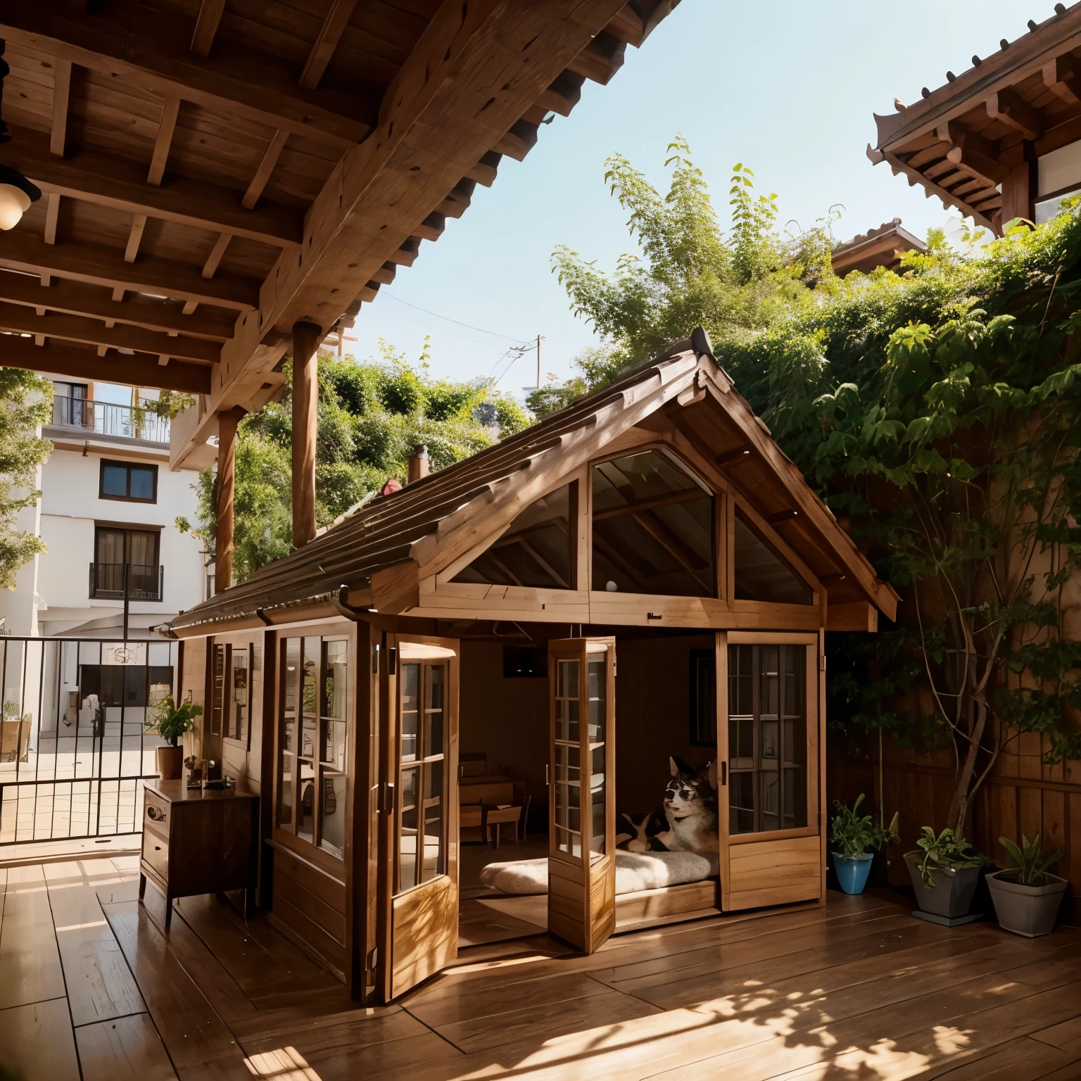 Pet cafe for every animals where they can eat and play with their owners. The theme is fauna and flora. It should be realistic and architecture-wise sketch or drawing 