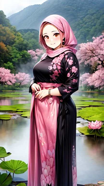 a gorgeous indonesian hijab girl in a misty mountains, lotus pond, cherry blossoms,  a fuchsia colour scarf, ((and a black gamis dress with abstract printed of pink and purple flowers)), chubby, necklace, bracelet, dynamic pose, detailed detail, real skin texture, best quality, ultra sharp, 